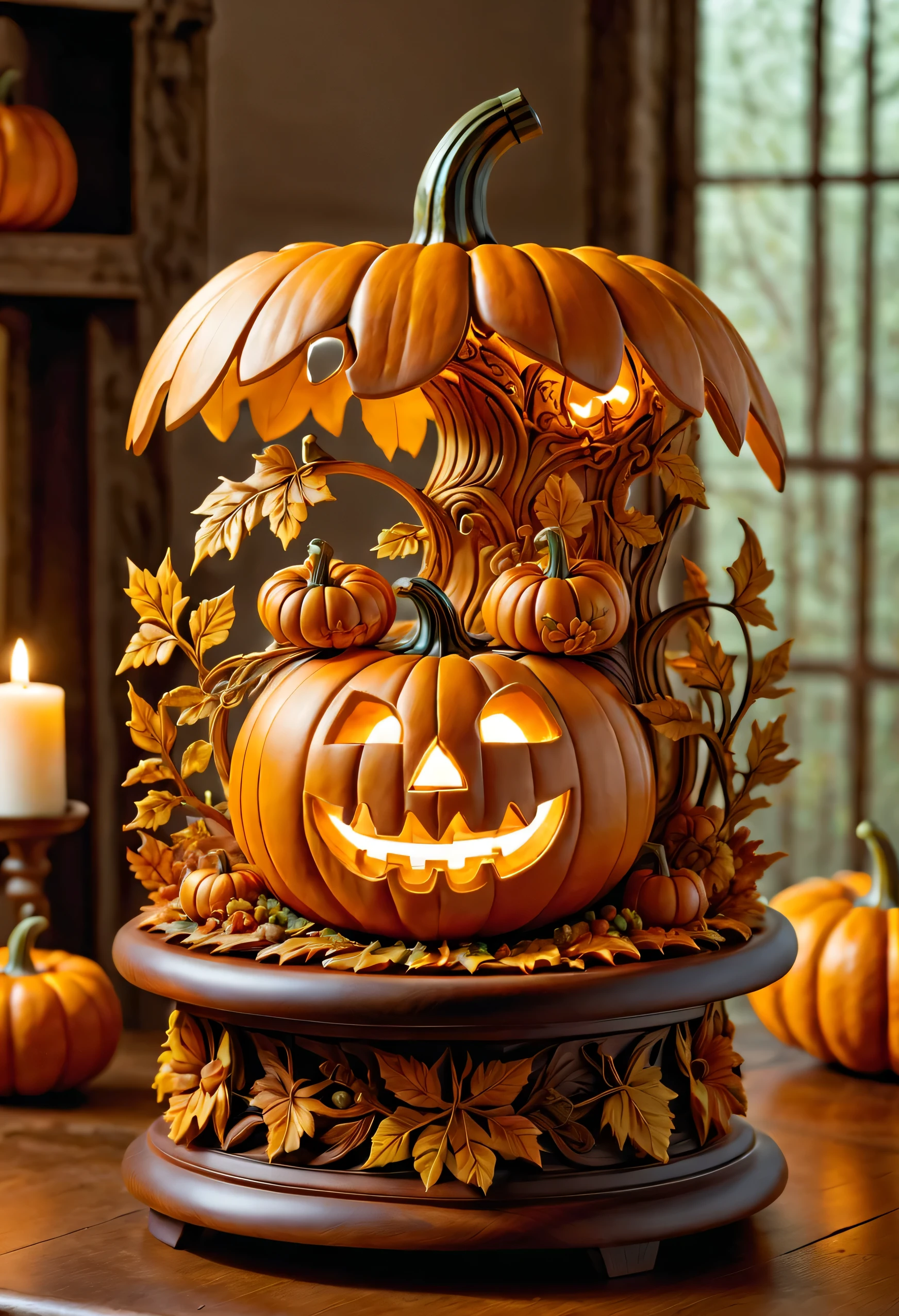 Detailed and intricately carved pumpkin scene. Sculptures must be artistic and intricately designed, Incorporating natural materials such as leaves, A merry-go-round is embedded inside.. The scene should be quirky and elegant, Expressing the magical beauty of autumn。. Pumpkins sit on a rustic wooden table, Soft candlelight casts shadows、Illuminates detailed work, enhance the magical atmosphere