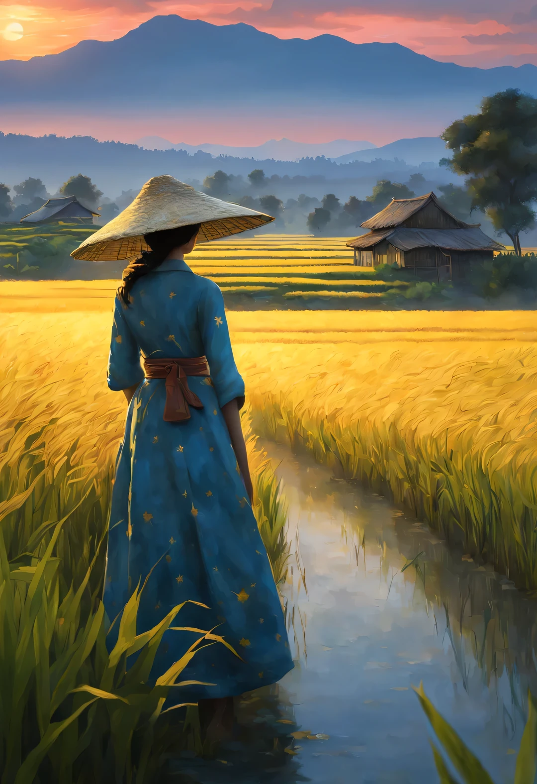 best quality, 4k, 8k, high level, masterpiece: 1.2, Super detailed, actual: 1.37, (Endless rice fields), a little girl ，double contact，blue sky, dreamy atmosphere, bright color palette, Vibrant shades, Impressionist brushstrokes, Subtle lighting effects ， sunset on the horizon, Peaceful and tranquil atmosphere, Harmony between nature and sky, textured brushstrokes, Abundant and vibrant crops, dusk atmosphere, Tranquil pastoral scenery, Glowing stars light up the night, creating a Peaceful and tranquil atmosphere, Peaceful and picturesque setting, Inspired by the style and techniques of Van Gogh. Sublime and atmospheric depiction, ethereal beauty, and fascinating celestial phenomena,