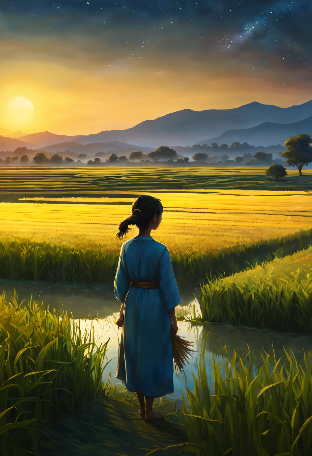 best quality, 4k, 8k, high level, masterpiece: 1.2, Super detailed, actual: 1.37,
(Endless rice fields), blue sky, dreamy atmosphere, bright color palette, Vibrant shades, Impressionist brushstrokes, Subtle lighting effects (Silhouette of a little girl in the distance: 0.65), sunset on the horizon, Peaceful and tranquil atmosphere, Harmony between nature and sky, textured brushstrokes, Abundant and vibrant crops, dusk atmosphere, Tranquil pastoral scenery, Glowing stars light up the night, creating a Peaceful and tranquil atmosphere, Peaceful and picturesque setting, Inspired by the style and techniques of Van Gogh. Sublime and atmospheric depiction, ethereal beauty, and fascinating celestial phenomena,