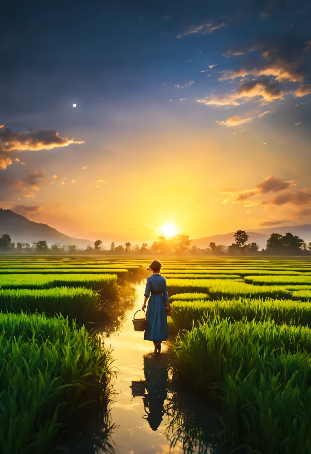 best quality, 4k, 8k, high level, masterpiece: 1.2, Super detailed, actual: 1.37, (Endless rice fields), a little girl ，double contact，blue sky, dreamy atmosphere, bright color palette, Vibrant shades, Impressionist brushstrokes, Subtle lighting effects ， sunset on the horizon, Peaceful and tranquil atmosphere, Harmony between nature and sky, textured brushstrokes, Abundant and vibrant crops, dusk atmosphere, Tranquil pastoral scenery, Glowing stars light up the night, creating a Peaceful and tranquil atmosphere, Peaceful and picturesque setting, Inspired by the style and techniques of Van Gogh. Sublime and atmospheric depiction, ethereal beauty, and fascinating celestial phenomena,