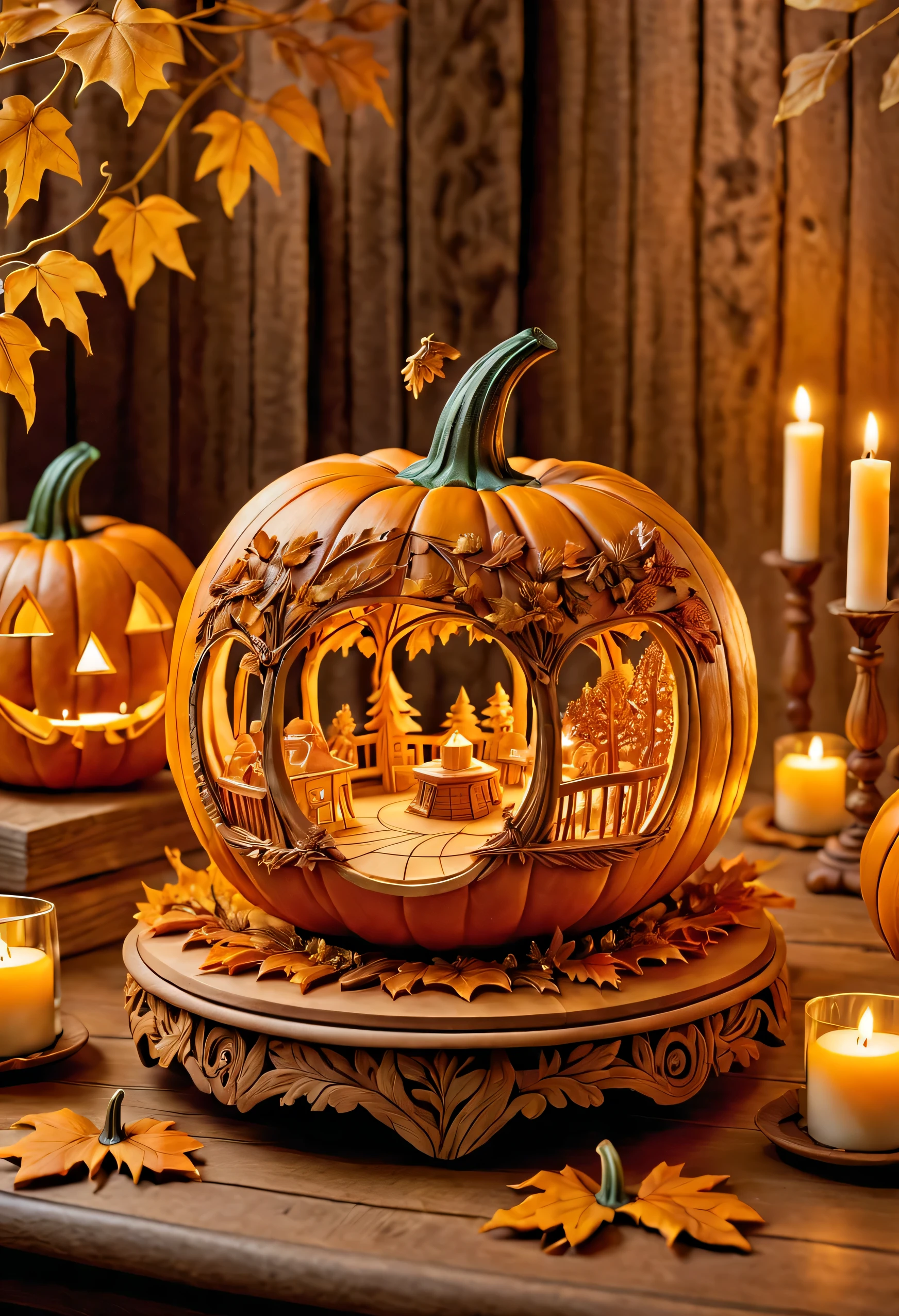 Detailed and intricately carved pumpkin scene. Sculptures must be artistic and intricately designed, Incorporating natural materials such as leaves, A merry-go-round is embedded inside.. The scene should be quirky and elegant, Expressing the magical beauty of autumn。. Pumpkins sit on a rustic wooden table, Soft candlelight casts shadows、Illuminates detailed work, enhance the magical atmosphere