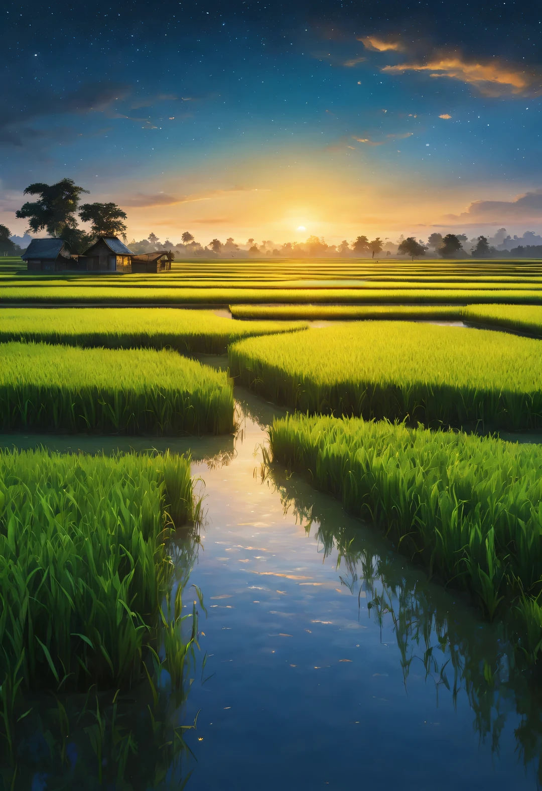 best quality, 4k, 8k, high level, masterpiece: 1.2, Super detailed, actual: 1.37,
(Endless rice fields), blue sky, dreamy atmosphere, bright color palette, Vibrant shades, Impressionist brushstrokes, Subtle lighting effects (Silhouette of a little girl in the distance: 0.65), sunset on the horizon, Peaceful and tranquil atmosphere, Harmony between nature and sky, textured brushstrokes, Abundant and vibrant crops, dusk atmosphere, Tranquil pastoral scenery, Glowing stars light up the night, creating a Peaceful and tranquil atmosphere, Peaceful and picturesque setting, Inspired by the style and techniques of Van Gogh. Sublime and atmospheric depiction, ethereal beauty, and fascinating celestial phenomena,