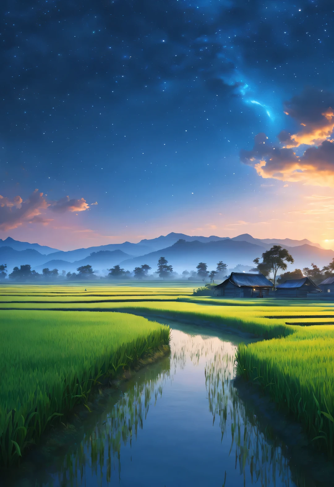 best quality, 4k, 8k, high level, masterpiece: 1.2, Super detailed, actual: 1.37, (Endless rice fields), a little girl ，double contact，blue sky, dreamy atmosphere, bright color palette, Vibrant shades, Impressionist brushstrokes, Subtle lighting effects ， sunset on the horizon, Peaceful and tranquil atmosphere, Harmony between nature and sky, textured brushstrokes, Abundant and vibrant crops, dusk atmosphere, Tranquil pastoral scenery, Glowing stars light up the night, creating a Peaceful and tranquil atmosphere, Peaceful and picturesque setting, Inspired by the style and techniques of Van Gogh. Sublime and atmospheric depiction, ethereal beauty, and fascinating celestial phenomena,