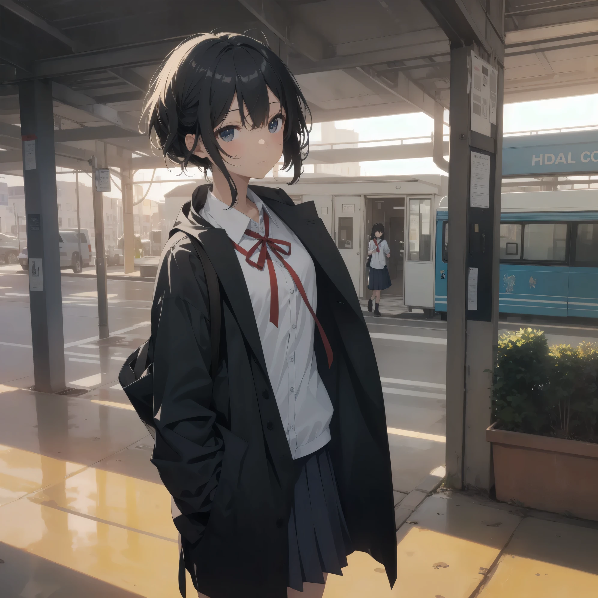 Super absurd quality by the god of art, super detailed, High resolution, anime moe art style, Best Anime 8K Kona-chan Wallpaper, pixiv contest winner, perfect anatomy, break,(眠そうにalone学校へ行く女の子を描いてください. )break,1 girl, (alone,little woman, baby face, :1.3),All limbs, full finger,, The charm of an immature body, (very_short hair), bangs, flat chest, Small Bodysuits, small ass, between legs, small black eyes, detailed and beautiful eyes, Well-proportioned iris and pupils, expressive eyes, sleepy eyes, High resolutionの詳細な髪, hair grip, neck ribbon, skirt, collared shirt, pleated skirt, school uniform, school bag,(detailed lighting), (detailed background), On the way to school. break,super dense skin, Best movie lighting by famous artists, 8k,cute illustration,photoshop_(Moderate),Absurd Hi-Res,Hmm,rough skin