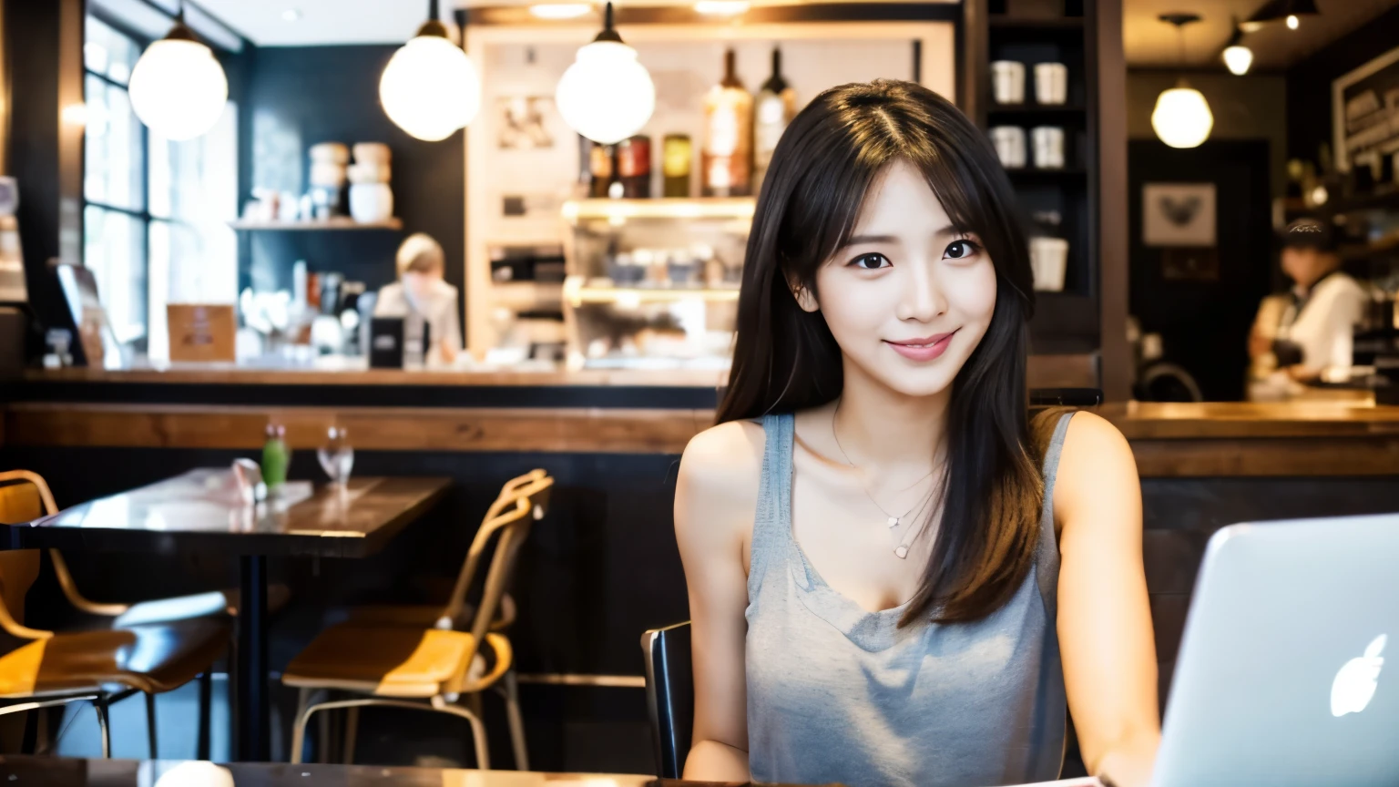 ((最high quality, 8k, masterpiece: 1.3)), perfect face,Inside a stylish cafe in New York、A scene in which a beautiful model-like woman is drinking a latte and studying on a laptop.,All around you, you can see other customers enjoying their time.。At the back of the cafe、The staff are busy working at the counter.、You can feel the liveliness and stylish luxury that is typical of a city cafe., sharp focus, 1 girl, Sexy 1.2, , (big: 1.5), fine eyes, Beautiful eyes with long slits, double eyelid, (cat face), (cute Face), cute Smile, (close your mouth), (cute), soft skin, Show the whole body, surreal, super detailed, high quality, (Beautiful female college student studying in a cafe), ((詳細な非常にcute女子大生)), ((胸は隠れているけど服の上から解るぐらいbig胸)),A look that looks at your boyfriend