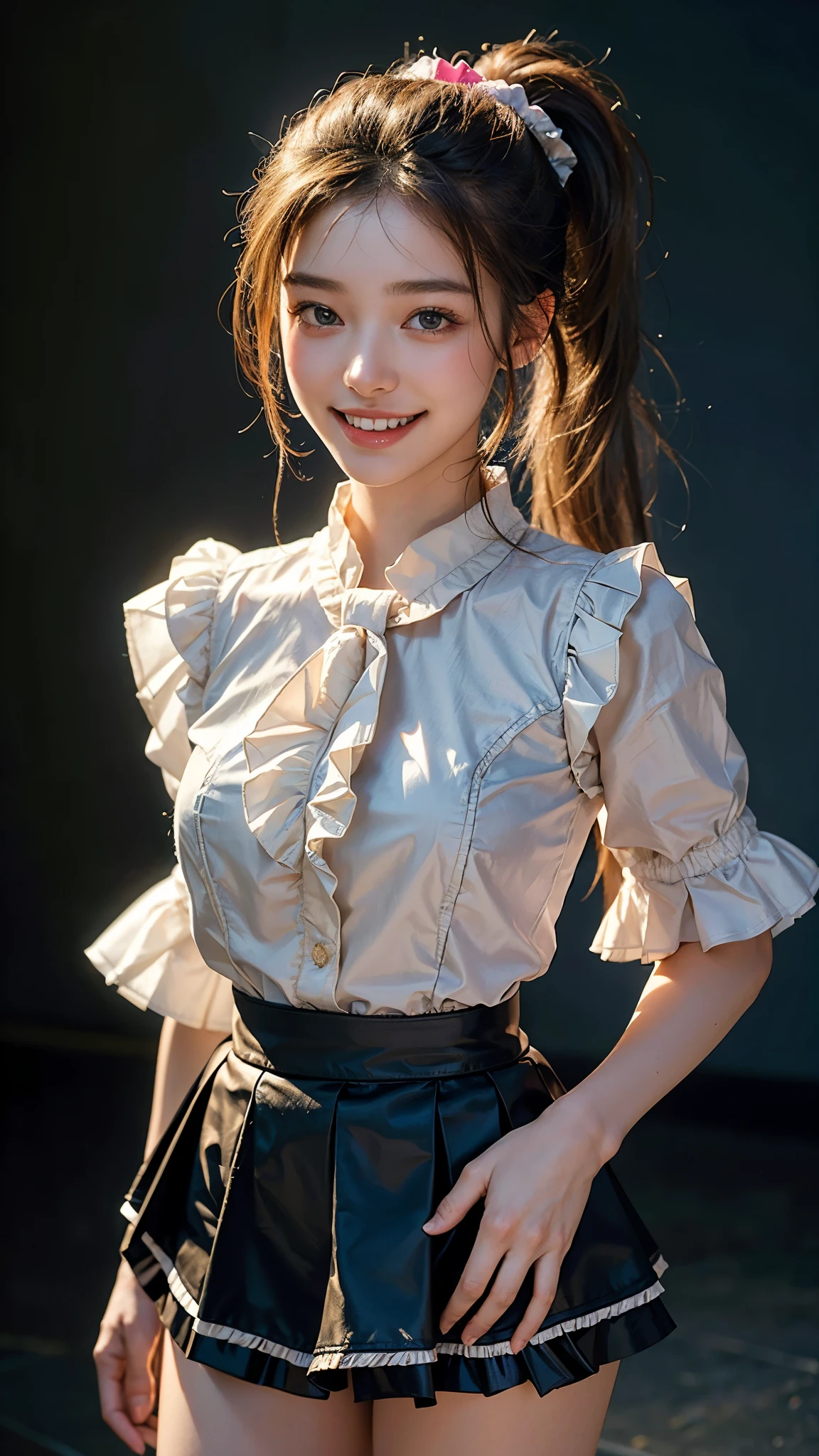 highest quality, masterpiece, ultra high resolution, (realistic:1.4), (portrait facing each other) RAW photo, 1 girl, 18-year-old,((Frilled shirt and miniskirt uniform)),((ponytail and hair tie)),((look up at the audience)),realistic,((Simple solid color background)), picture media chest)),((toothy smile)),