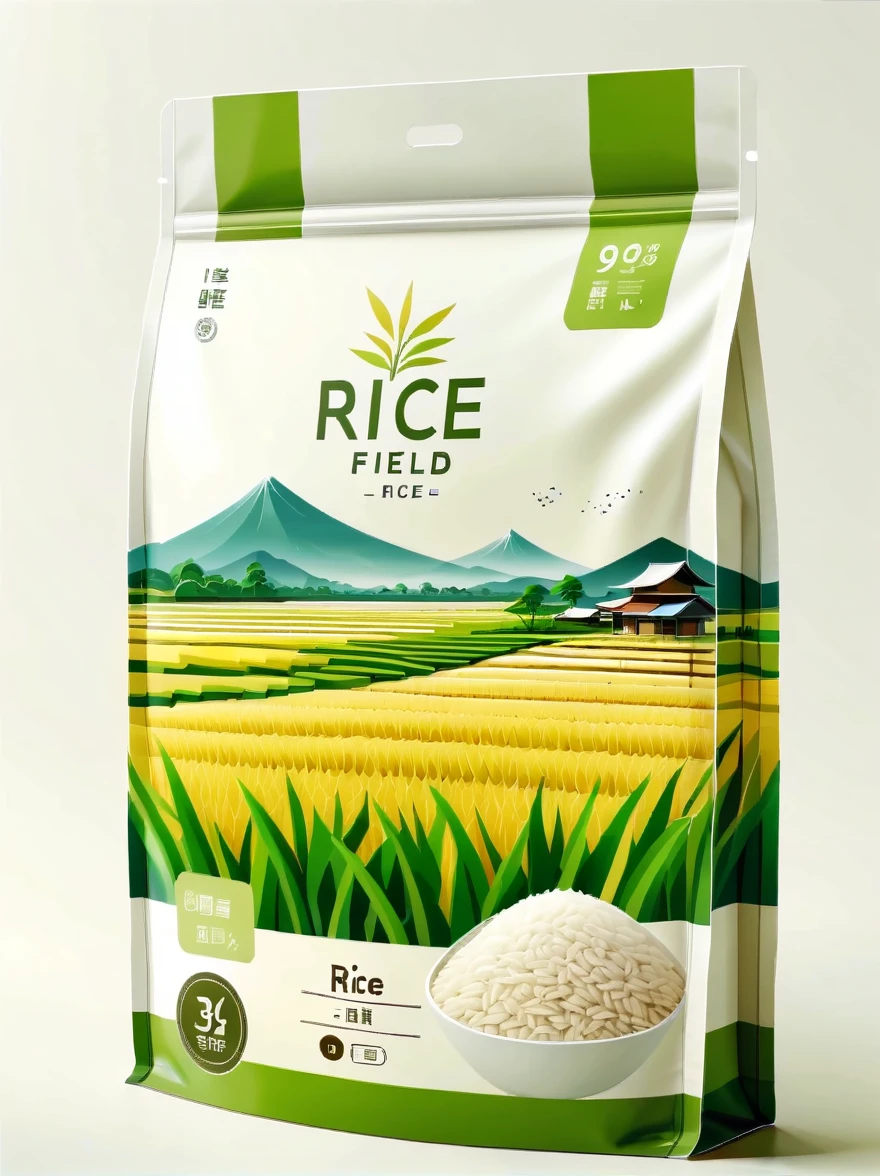 Modern packaging design, 1 rice field product packaging bag，Flat style rice field landscape illustration，full of nutrition，simple white background，HD resolution，simple style，actual，Natural light, Glossy plastic packaging bag