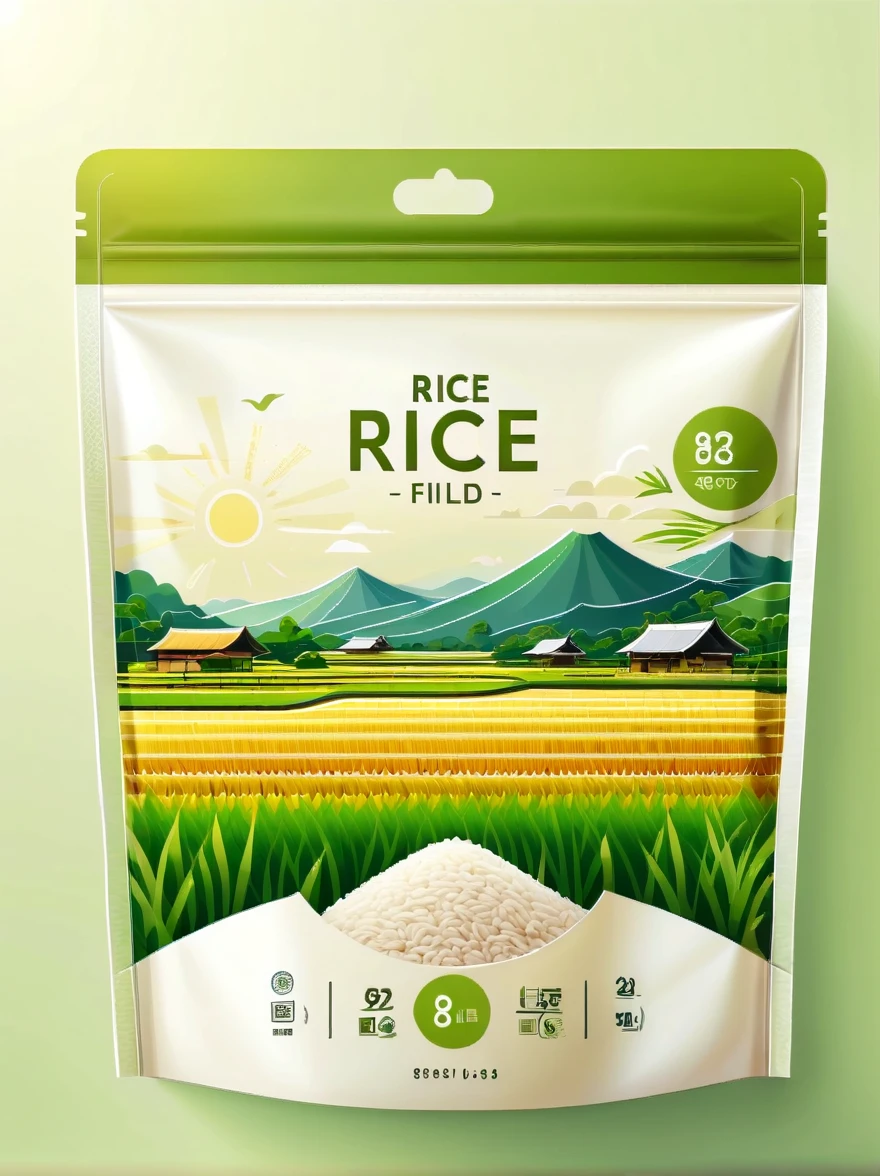 Modern packaging design, 1 rice field product packaging bag，Flat style rice field landscape illustration，full of nutrition，simple white background，HD resolution，simple style，actual，Natural light, Glossy plastic packaging bag