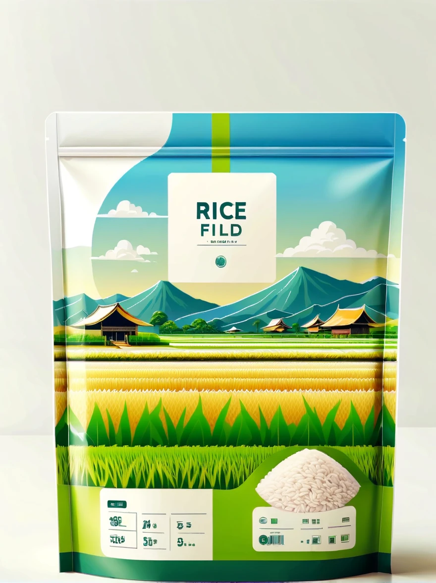 Modern packaging design, 1 rice field product packaging bag,Flat style rice field landscape illustration,full of nutrition,simple white background,HD resolution,simple style,actual,Natural light, Glossy plastic packaging bag