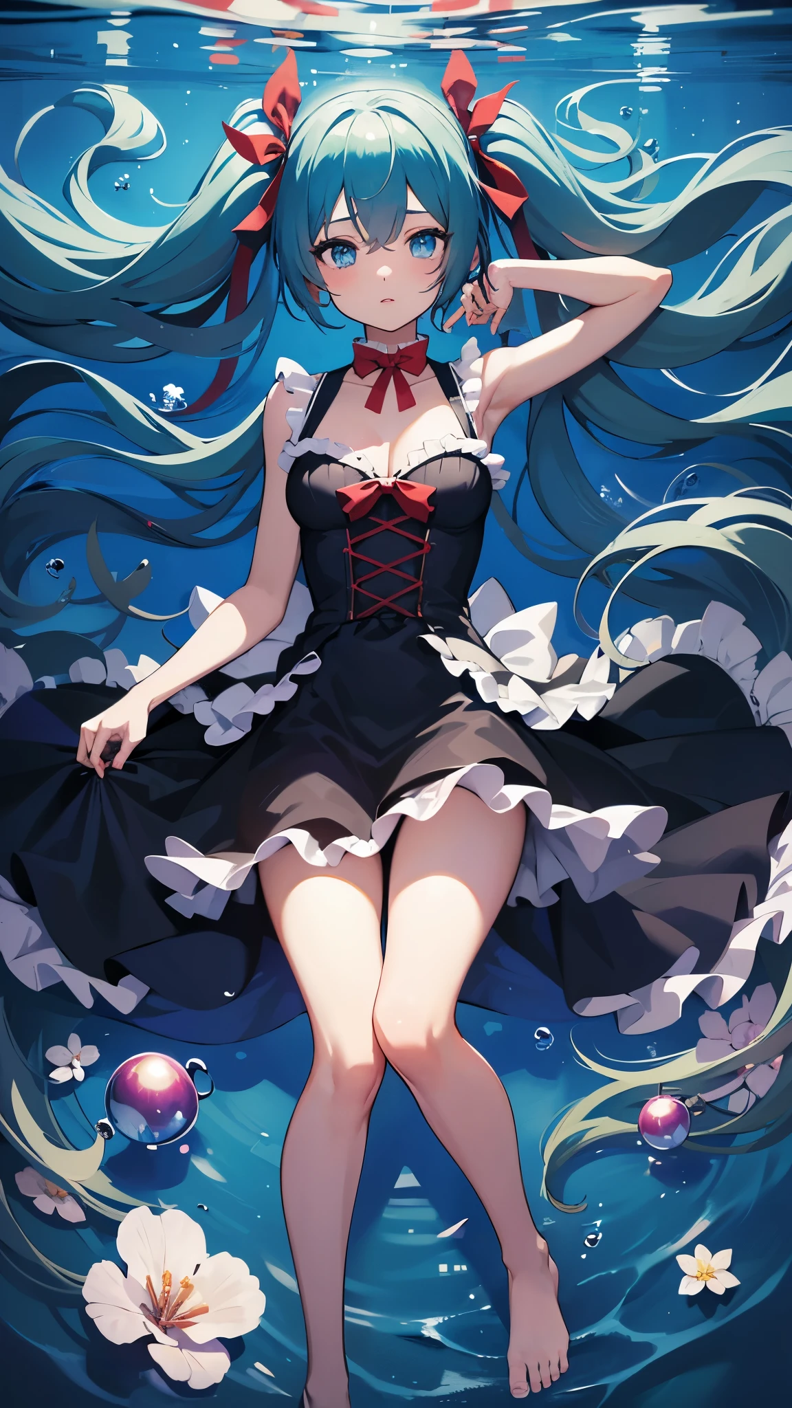 {best quality}, {{masterpiece}}, {highres}, extremely detailed girl, sharp focus, 1girl, solo, hatsune miku, dress, long hair, twintails, black dress, blue hair, blue eyes, underwater, looking at viewer, bubble, parted lips, collarbone, bangs, feet out of frame, air bubble, sleeveless dress, sleeveless, very long hair, breasts, small breasts, floating hair, bow, hair ribbon, ribbon, frills,{{{{{{dakimakura}}}}}}, {{full body}}, glowing, {toes}