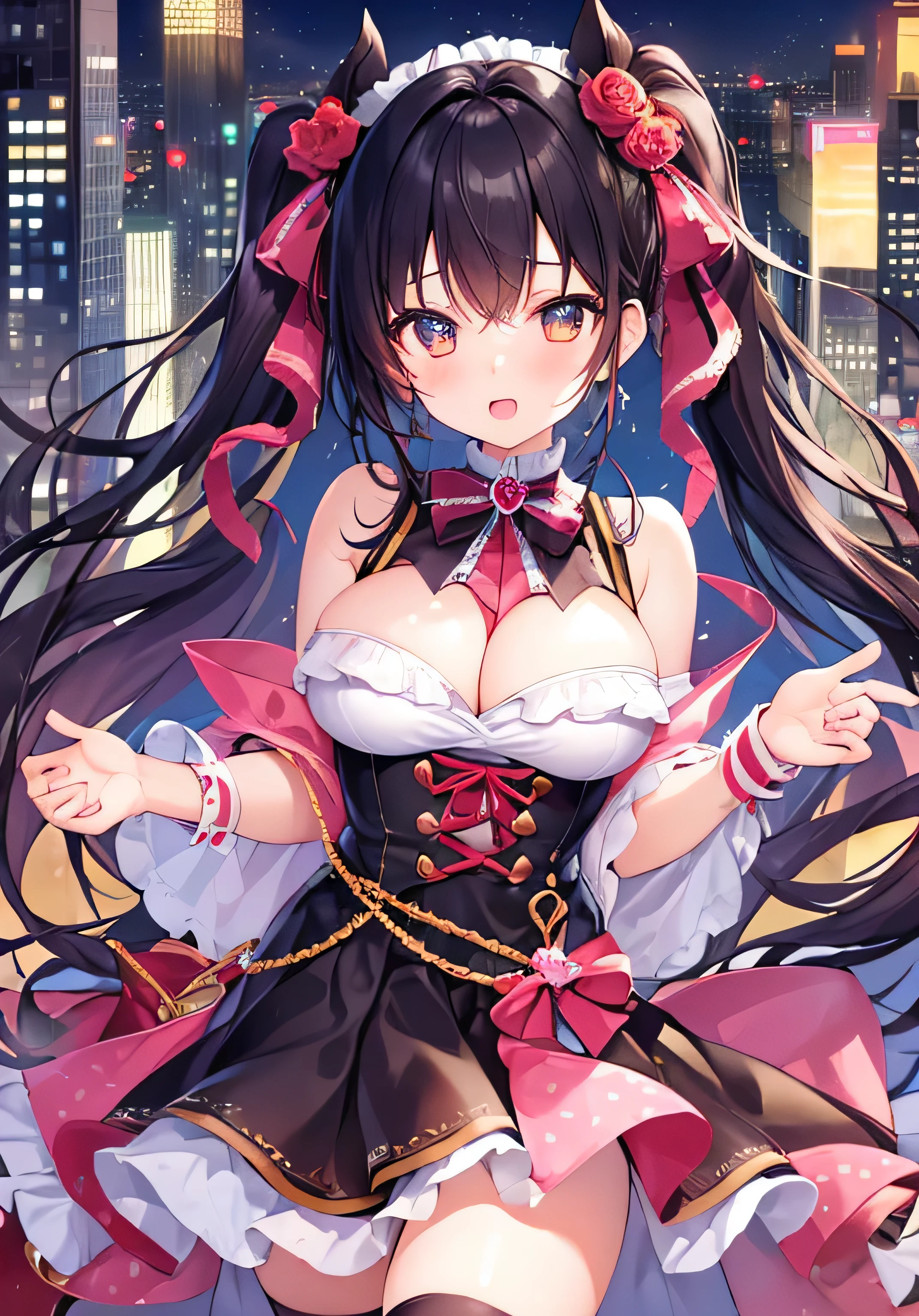 masterpiece、best image quality、ultra high resolution、age girl with big breasts、twin tail hairstyle、black hair、hair ribbon、red face、shyly、mock、Open your mouth just a little、Magical girl costume that shows cleavage、magical girl miniskirt、magical girl knee high socks、skyscrapers at night、at night