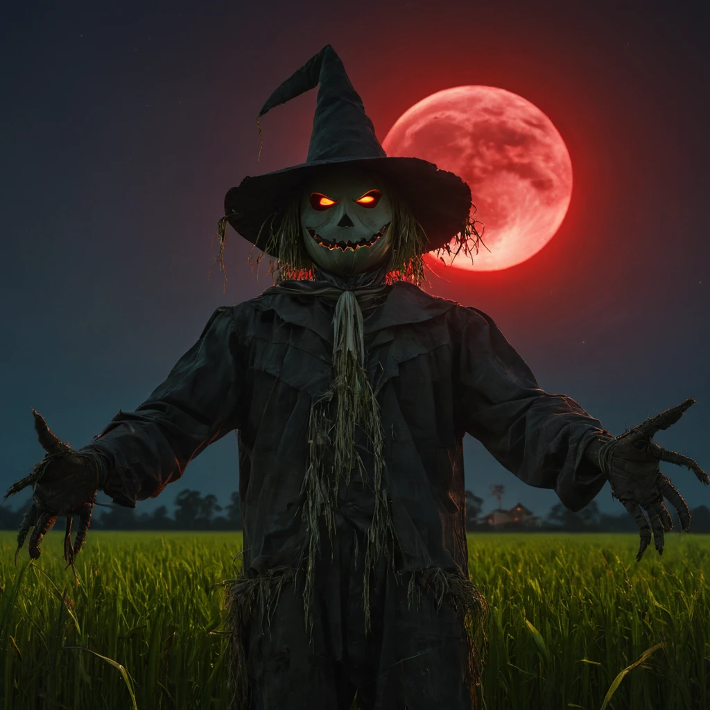 High Resolution, High Quality, Masterpiece. Scarecrow looming over rice field, eyes glistening under the twilit moon, halo effect surrounding its silhouette, sharp sickle dripping with crimson, night casting shadows, adding a cinematic split, chiaroscuro technique emphasizing horror, hyperrealistic quality, octane rendering for a masterpiece, trending on artstation, 8k artistic photography, photorealistic concept art with soft natural volumetric light,