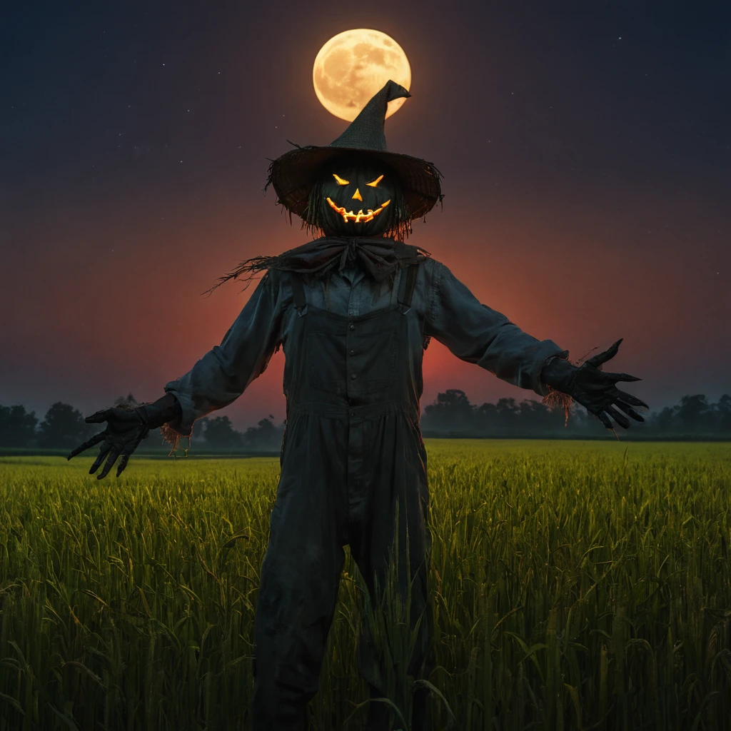 High Resolution, High Quality, Masterpiece. Scarecrow looming over rice field, eyes glistening under the twilit moon, halo effect surrounding its silhouette, sharp sickle dripping with crimson, night casting shadows, adding a cinematic split, chiaroscuro technique emphasizing horror, hyperrealistic quality, octane rendering for a masterpiece, trending on artstation, 8k artistic photography, photorealistic concept art with soft natural volumetric light,