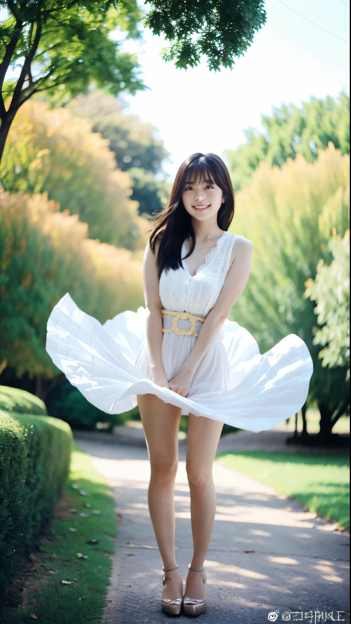 ulzzang-6500-v1.1, (genuine:1.4), (muste piece),  (highest quality, 8k, 32K, masterpiece, Hmm:1.2),Photos of beautiful Japanese women,(sad smile,blush:1.1),looking at the viewer,(beautiful detailed dress skirt:1.2),leg details,(spread your legs:0.9),(lace panties:0.9),(wind lift:1.6), whole body,the wind is strong,city,outdoors