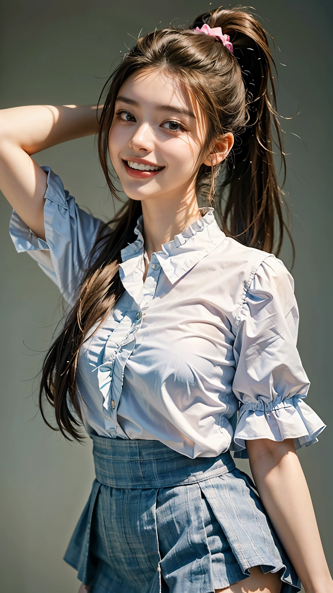 highest quality, masterpiece, ultra high resolution, (realistic:1.4), (portrait facing each other) RAW photo, 1 girl, 18-year-old,((Frilled shirt and miniskirt uniform)),((ponytail and hair tie)),((look up at the audience)),realistic,((Simple solid color background)), picture media chest)),((toothy smile)),