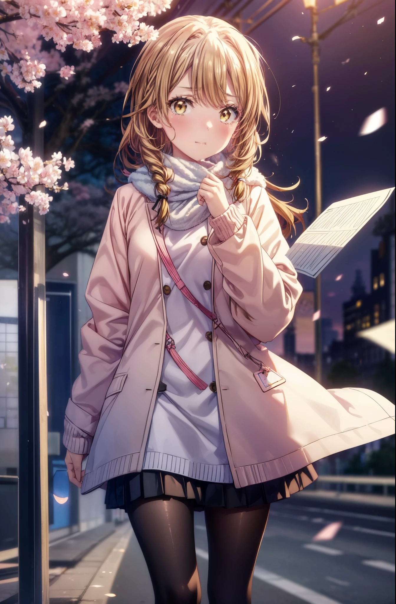 irohaisshiki, iroha isshiki, long hair, short braided hair,ponytail,brown hair, (brown eyes:1.5), smile,yellow muffler,pink long coat There is space in front,white sweater,black long skirt,black pantyhose,short boots,Big tears are running down her face,Crying with joy,cry a lot,A piece of paper with a large number of numbers written on it is pasted on the bulletin board in front of the school building.,happy crowd,cherry blossoms are blooming,Cherry blossoms are scattered,pink scenery,Announcement of university results,have a piece of paper with numbers written on it,
break outdoors, University buildings,
break looking at viewer,
break (masterpiece:1.2), highest quality, High resolution, unity 8k wallpaper, (figure:0.8), (detailed and beautiful eyes:1.6), highly detailed face, perfect lighting, Very detailed CG, (perfect hands, perfect anatomy),