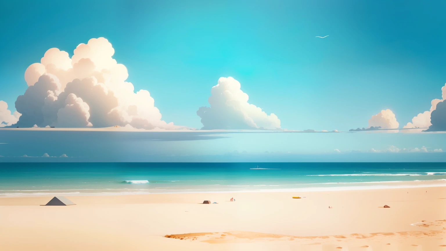 a large open bech scene with a light blue sky, a person relaxing, beautiful, expansive skybox, light colors