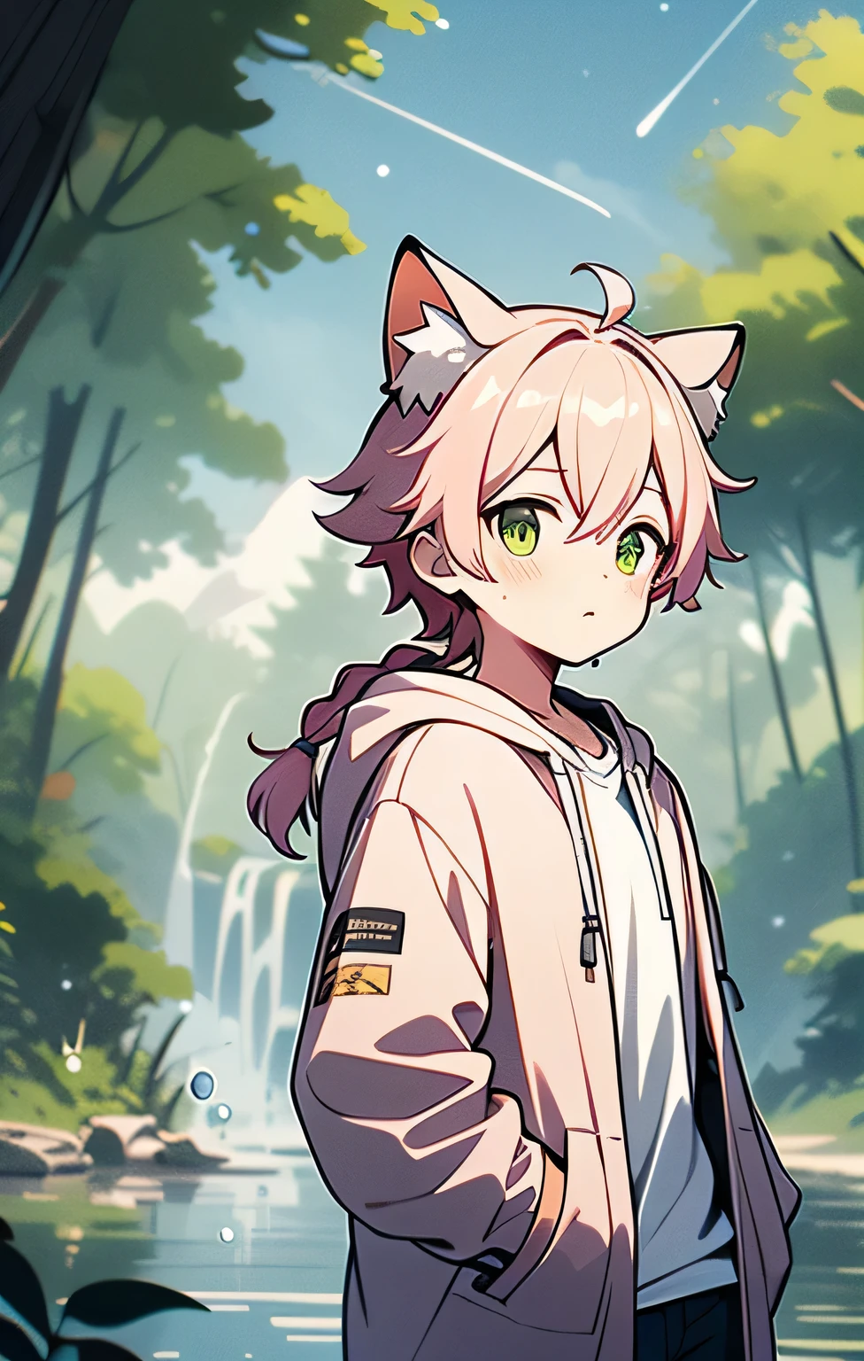 1 boy, green eyes, chibi, Cat ears, hair accessories, Bangs, blush, hair between eyes, animal ear hair, hair slightly longer, shut your mouth, braid, nature, Outdoor sports, Upper body, Pink hooded casual wear，hands in pockets, water droplets, plant, forest, Sky,  pink hair ,firefly