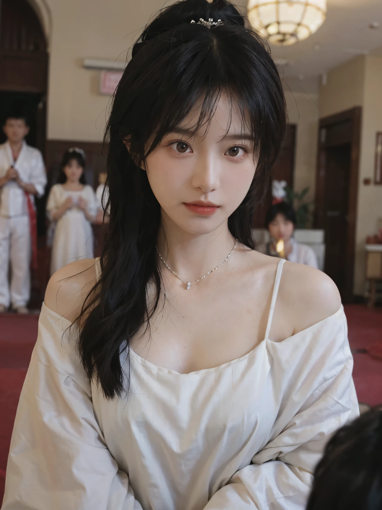 best quality, ultra high resolution, (realistically:1.4),cute hairpin,Baoyu Girl,Standing in the wedding hall,(flat chest:1.2) ,A pair of clear and charming peach blossom eyes,Royal sister,The sun shines on the face,Big wavy hairstyle,(necklace:1.2),(White skin:1.4),a sense of atmosphere,a beautiful girl,Looking directly at the viewer, Close-up cleavage ,(lifelike:1.4),1 girl,Sexy,(Upper body:1.4),(wet),(:1.2)