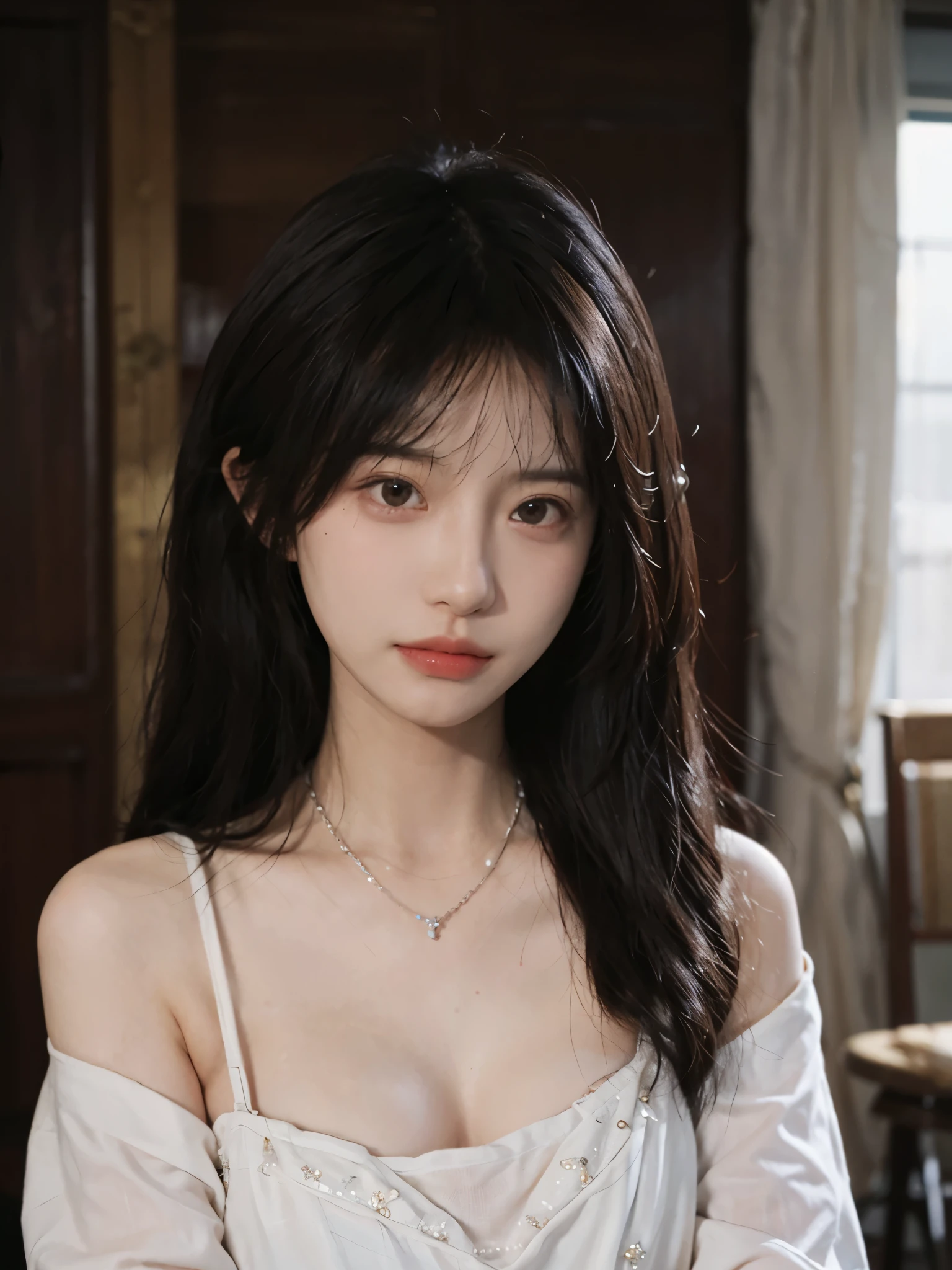 best quality, ultra high resolution, (realistically:1.4),cute hairpin,Baoyu Girl,Standing in the wedding hall,(flat chest:1.2) ,A pair of clear and charming peach blossom eyes,Royal sister,The sun shines on the face,Big wavy hairstyle,(necklace:1.2),(White skin:1.4),a sense of atmosphere,a beautiful girl,Looking directly at the viewer, Close-up cleavage ,(lifelike:1.4),1 girl,Sexy,(Upper body:1.4),(wet),(:1.2)