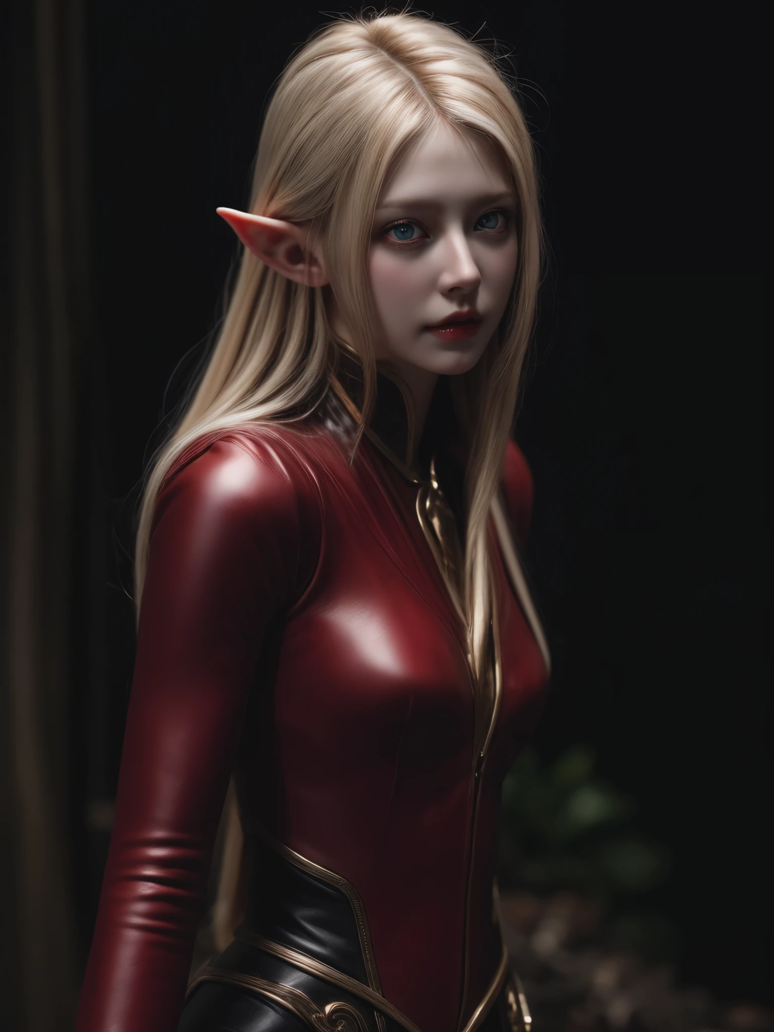 Analog photo, (Best quality:1.4), (ultra detailed:1.4), full body shot of pale blonde woman, intense red eyes, elf ranger, black spiked outfit, demonic, hell, living dead, cute sexy, (detailed face, detailed eyes), (Photorealistic:1.4), (film grain, depth of field)