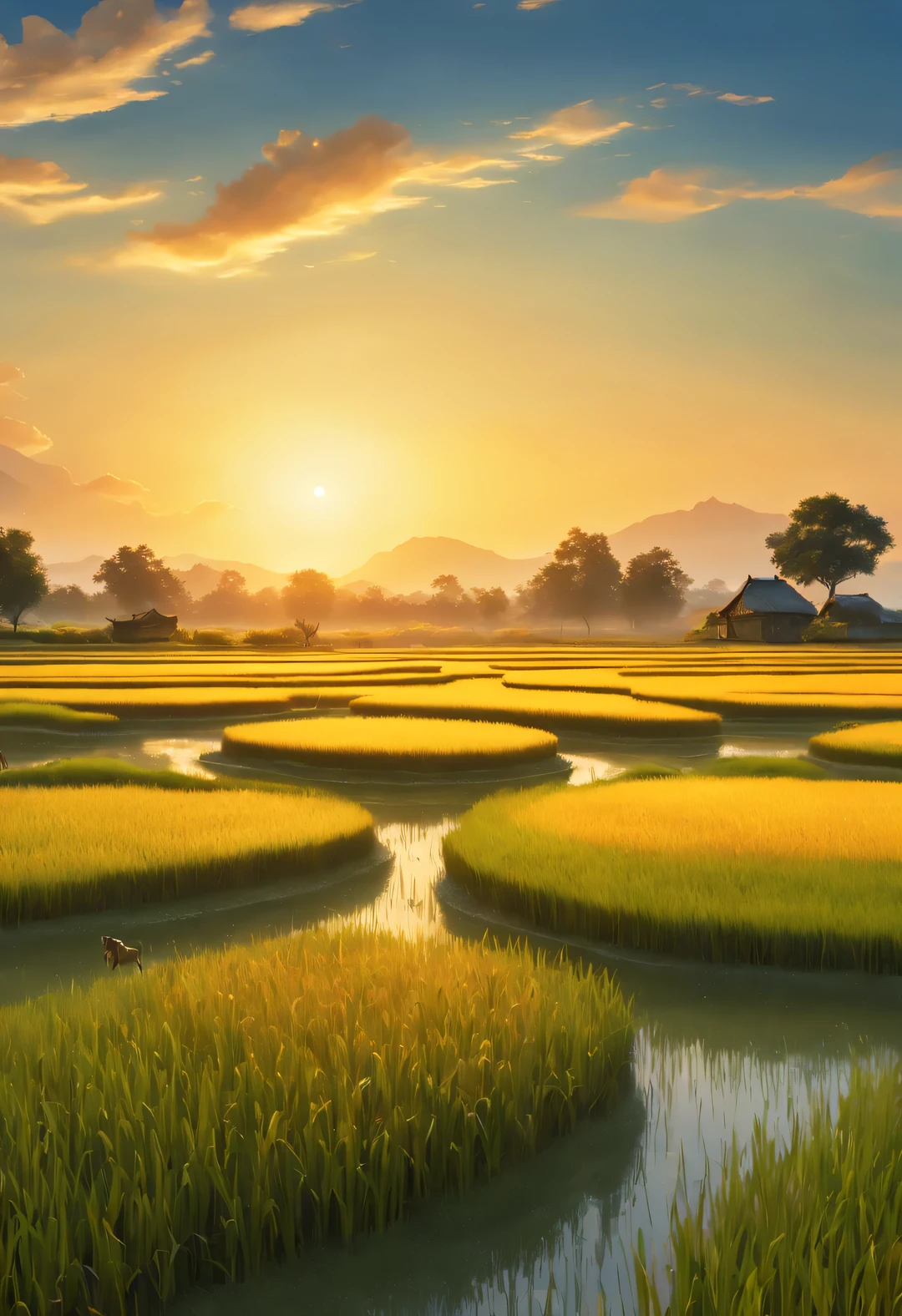 best quality, 4k, 8k, high level, masterpiece: 1.2, Super detailed, actual: 1.37,
(Endless rice fields), blue sky, dreamy atmosphere, bright color palette, Vibrant shades, Impressionist brushstrokes, Subtle lighting effects on  girl in the distance: 0.65), sunset on the horizon, Peaceful and tranquil atmosphere, Harmony between nature and sky, textured brushstrokes, Abundant and vibrant crops, dusk atmosphere, Tranquil pastoral scenery, Glowing stars light up the night, creating a Peaceful and tranquil atmosphere, Peaceful and picturesque setting, Inspired by the style and techniques of Van Gogh. Sublime and atmospheric depiction, ethereal beauty, and fascinating celestial phenomena,