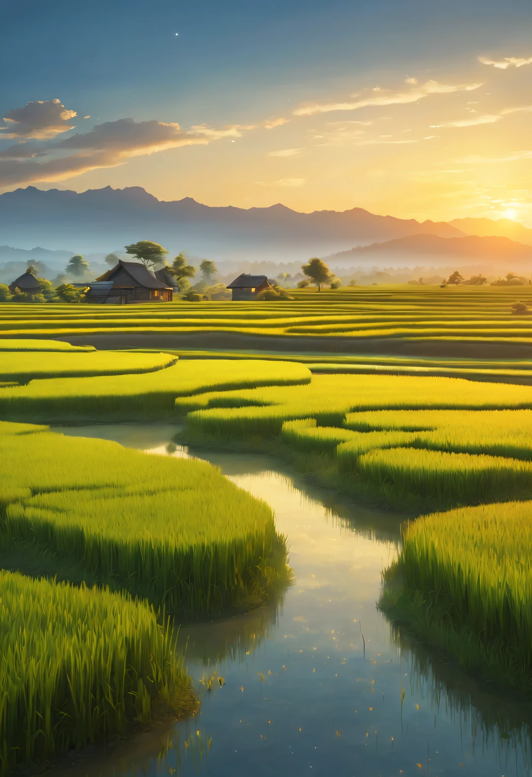 best quality, 4k, 8k, high level, masterpiece: 1.2, Super detailed, actual: 1.37,
(Endless rice fields), blue sky, dreamy atmosphere, bright color palette, Vibrant shades, Impressionist brushstrokes, Subtle lighting effects on *********** in the distance: 0.65), sunset on the horizon, Peaceful and tranquil atmosphere, Harmony between nature and sky, textured brushstrokes, Abundant and vibrant crops, dusk atmosphere, Tranquil pastoral scenery, Glowing stars light up the night, creating a Peaceful and tranquil atmosphere, Peaceful and picturesque setting, Inspired by the style and techniques of Van Gogh. Sublime and atmospheric depiction, ethereal beauty, and fascinating celestial phenomena,