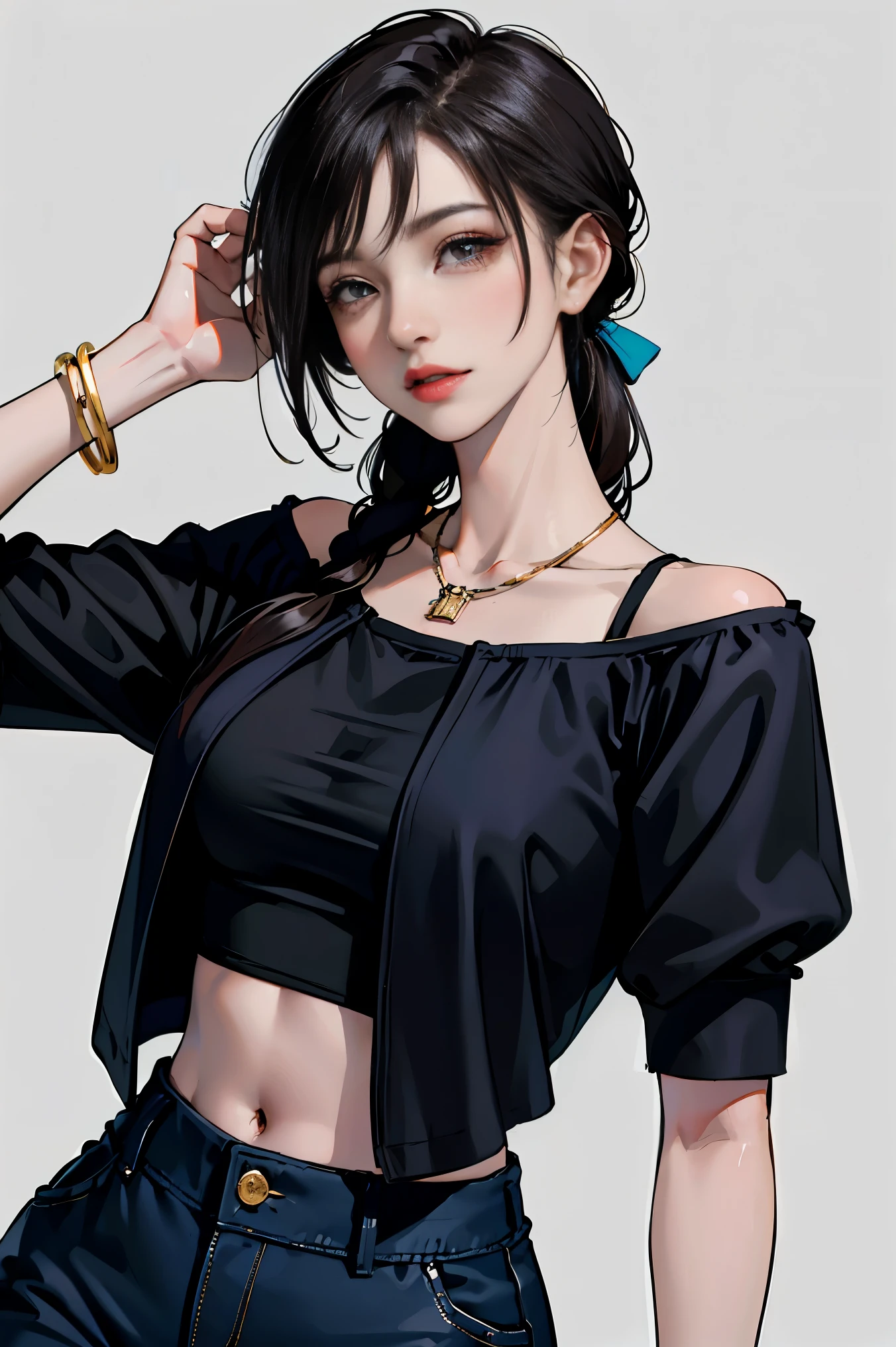 a 20 yo woman、Black blue Hair、poneyTail、(hi-top fade:1.3)、dark themed、Muted Tones、Subdued Color、highly contrast、(natural skin textures、Hyper-Realism、Soft light、sharp)、makeup, mascara, Lips are subdued or colors, simple black background, Minimalism, monotone, simple color palettes, Clean, sharp designs, flowing silhouettes, Tight skirts and pants, high-waisted skirts and pants, simple dresses, shirts and blouses, asymmetrical, geometric, Elegant and luxurious materials and designs, Simple, minimal accessories, Slim necklaces and rings in silver or gold, Simple bangles, Distinctive designs, simple silhouettes, simple and sophisticated style, elegance, minimalism, high quality materials, cool and urban impression, high fashion, simplicity and sophistication,