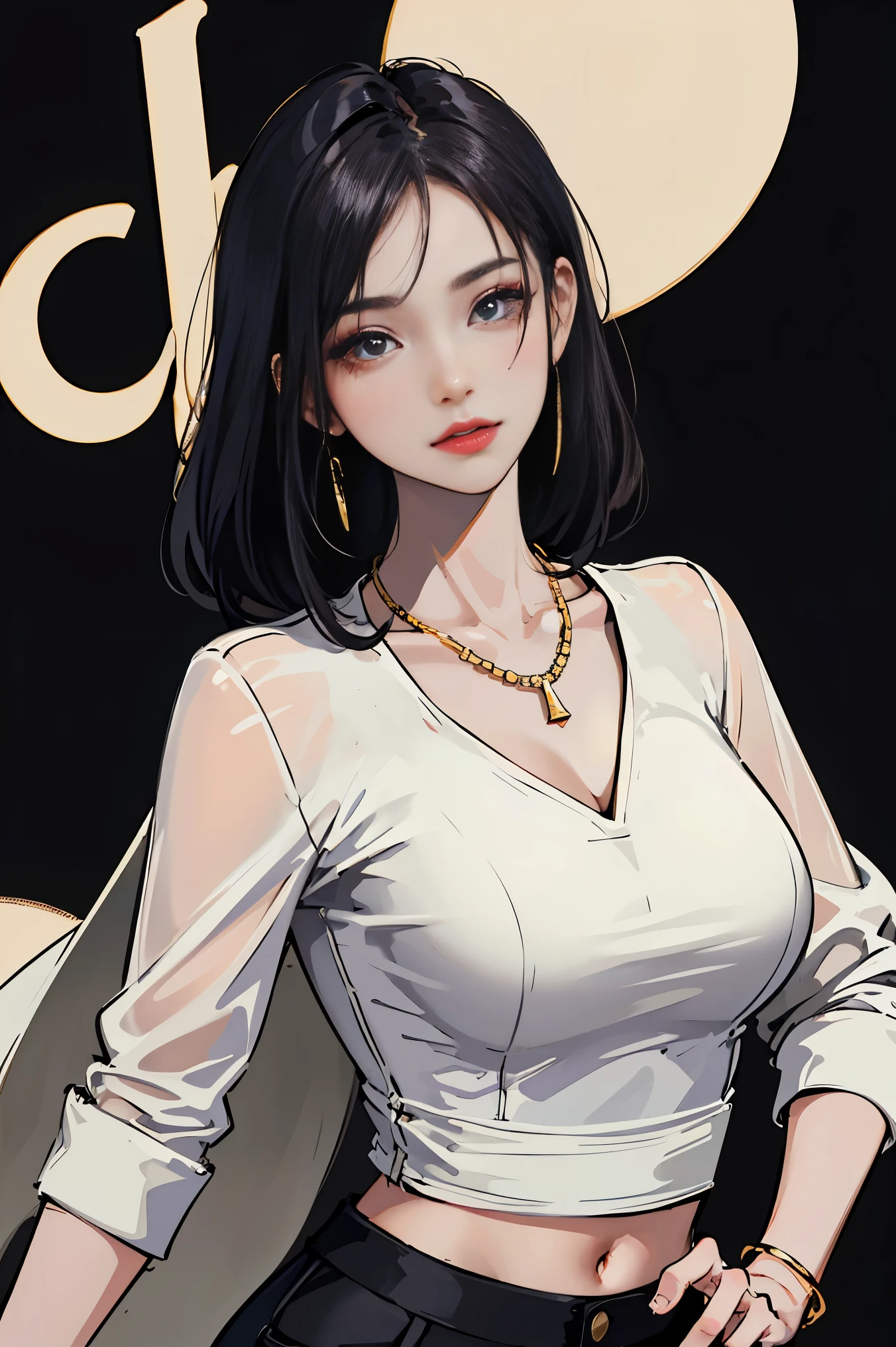 a 20 yo woman、Black blue Hair、poneyTail、(hi-top fade:1.3)、dark themed、Muted Tones、Subdued Color、highly contrast、(natural skin textures、Hyper-Realism、Soft light、sharp)、makeup, mascara, Lips are subdued or colors, simple black background, Minimalism, monotone, simple color palettes, Clean, sharp designs, flowing silhouettes, Tight skirts and pants, high-waisted skirts and pants, simple dresses, shirts and blouses, asymmetrical, geometric, Elegant and luxurious materials and designs, Simple, minimal accessories, Slim necklaces and rings in silver or gold, Simple bangles, Distinctive designs, simple silhouettes, simple and sophisticated style, elegance, minimalism, high quality materials, cool and urban impression, high fashion, simplicity and sophistication,
