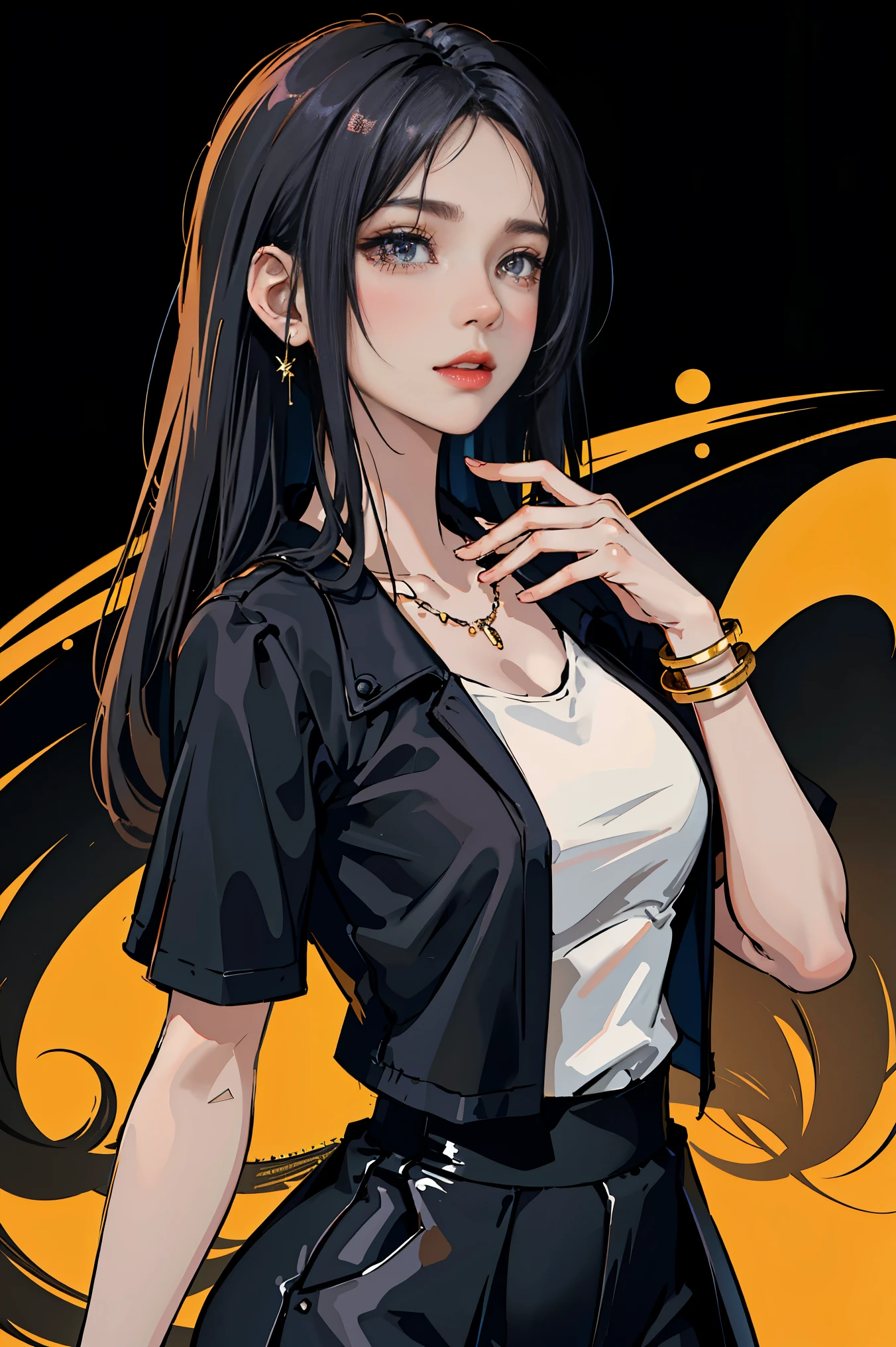 Black color hair，cellular phone，（best qualtiy，8K，tmasterpiece），(Sit on the grill，Holding a glass of orange juice in his hand，Capture，），(A pretty maiden，having fun，cabelos preto e longos，Long messy hair，curlies，Huge eyes:1.3，Long eyelashes，Delicate makeup:1.4，Sexy lips，Blushlush)，(Exquisite watches，Reflective necklace，Bulgari's earrings，Bulgari's ring)，(Sit on the grill，Holding a glass of orange juice in his hand，Capture，），（Fashionable outfits，dressed in a white t-shirt），（middle  breasts，endure），(Black oily transparent pantyhose），（Black hip skirt），Light ripe，Royal Sister，Best light，Best shadow，电影灯光，28 years old，1girll，Need，（realskin，Supple skin）Ray traching，Unreal Engine 5，Reflective skin，Digital illustration，Game CG characters，super model，（kpop,heartthrob），(Body edge lighting，Colored light sources are around)，There is wind blowing hair，Looking into the distance，