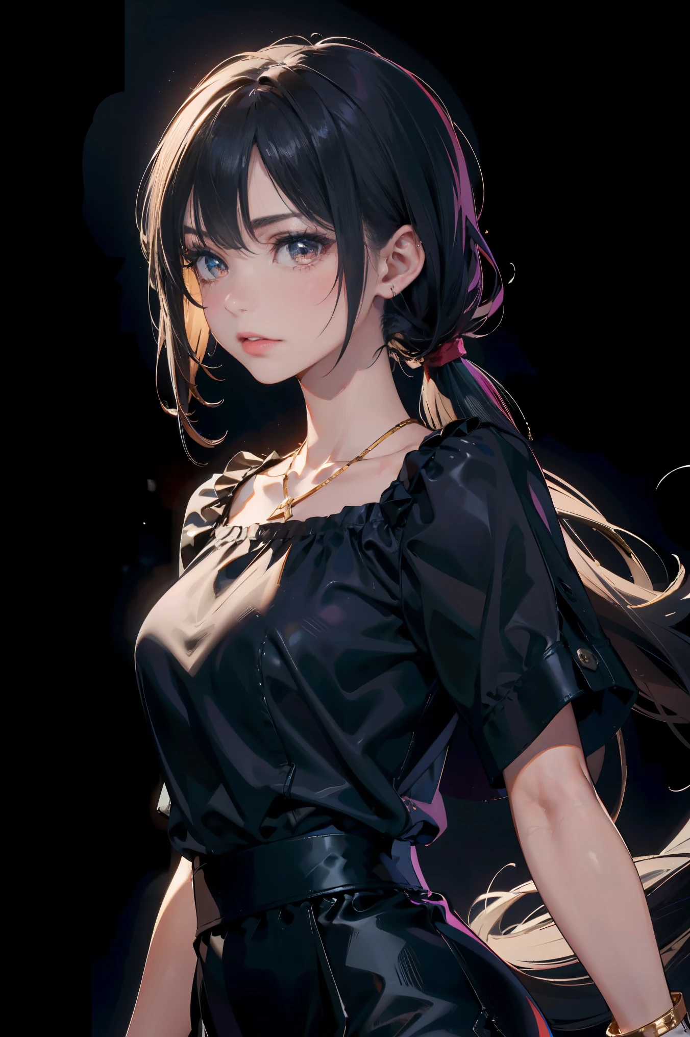 a 20 yo woman、Black blue Hair、poneyTail、(hi-top fade:1.3)、dark themed、Muted Tones、Subdued Color、highly contrast、(natural skin textures、Hyper-Realism、Soft light、sharp)、makeup, mascara, Lips are subdued or colors, simple black background, Minimalism, monotone, simple color palettes, Clean, sharp designs, flowing silhouettes, Tight skirts and pants, high-waisted skirts and pants, simple dresses, shirts and blouses, asymmetrical, geometric, Elegant and luxurious materials and designs, Simple, minimal accessories, Slim necklaces and rings in silver or gold, Simple bangles, Distinctive designs, simple silhouettes, simple and sophisticated style, elegance, minimalism, high quality materials, cool and urban impression, high fashion, simplicity and sophistication,