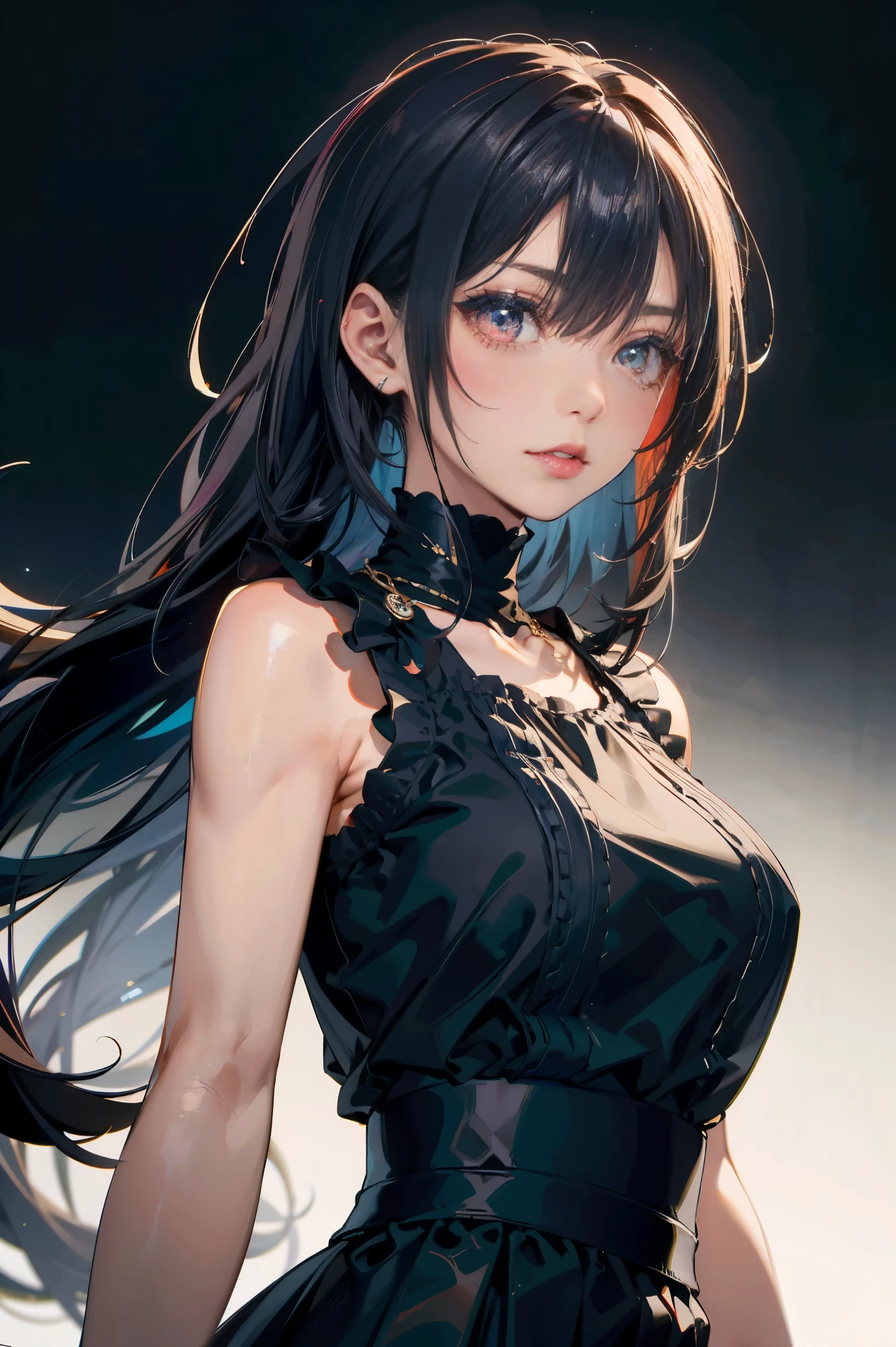 model colorful, small smile, summer, anime art, black eyes, cleavage, long hair, fickle face, perfect anatomy, hyper 4K detailed painting, 4k resolution concept art portrait by Greg Rutkowski Artgerm WLOP Alphonse Beeple Caravaggio, muted colors, hyper-detailed intricately detailed art triadic colors, volumetric lighting, perfect composition, beautiful detailed intricate insanely detailed octane render trending on artstation, 8k artistic photography, photorealistic, soft natural volumetric cinematic perfect light, chiaroscuro, masterpiece, digital painting, symmetrical, illuminating, super detailed face, smooth soft skin