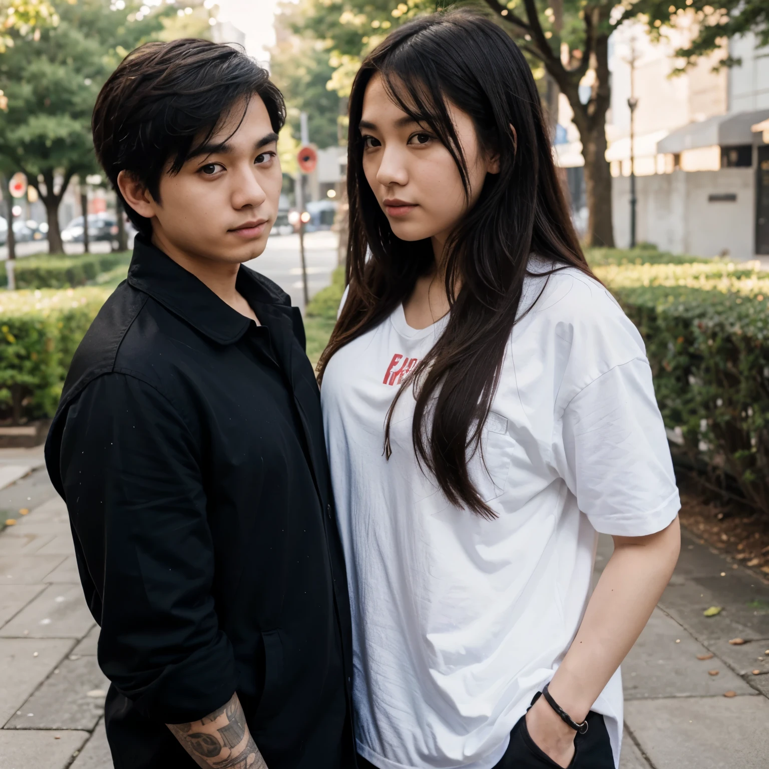 An insanely handsome emo boy hanging out with a cute Asian girl,park,outside,day time,vlog style