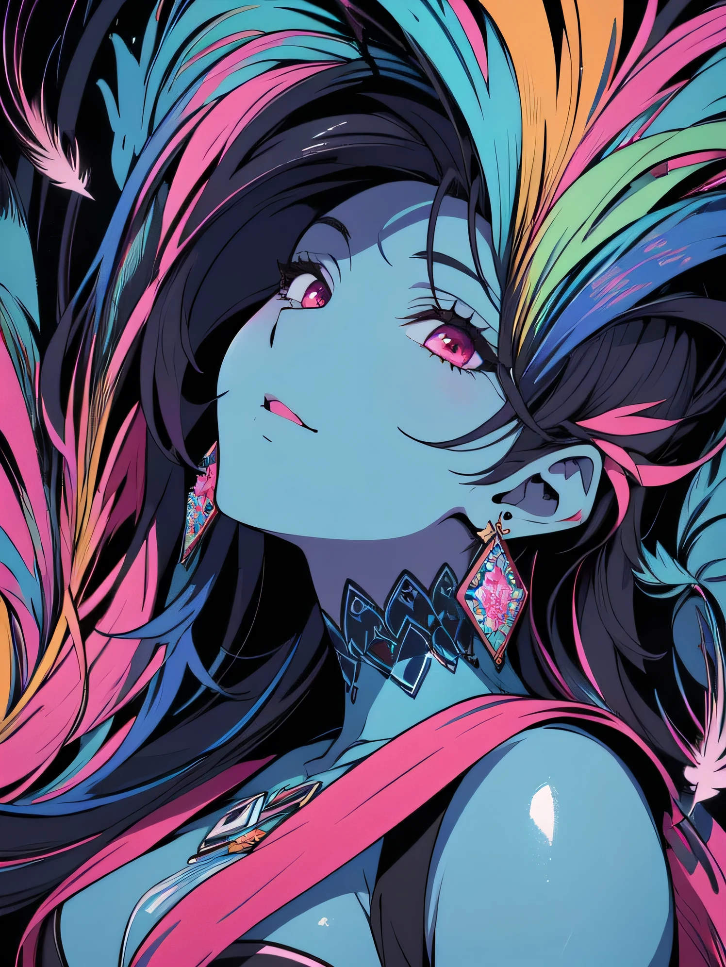 ((fractal art)),((masterpiece,highest quality,very detailed,ultra high resolution,detailed background)),(((abstract background))),(1 girl),((colorful)),flowers,(shiny skin),((lots of colors)),(earrings),feather、anime