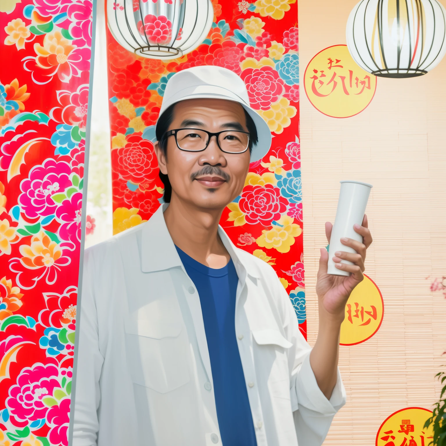 there is a man holding a cup in his hand in front of a wall, in style of lam manh, chinese artist, lim chuan shin, bao pham, portait photo, bao phan, bao pnan, hoang long ly, photo portrait, stanley artgem lau, do hoang tuong artwork, 165 cm tall