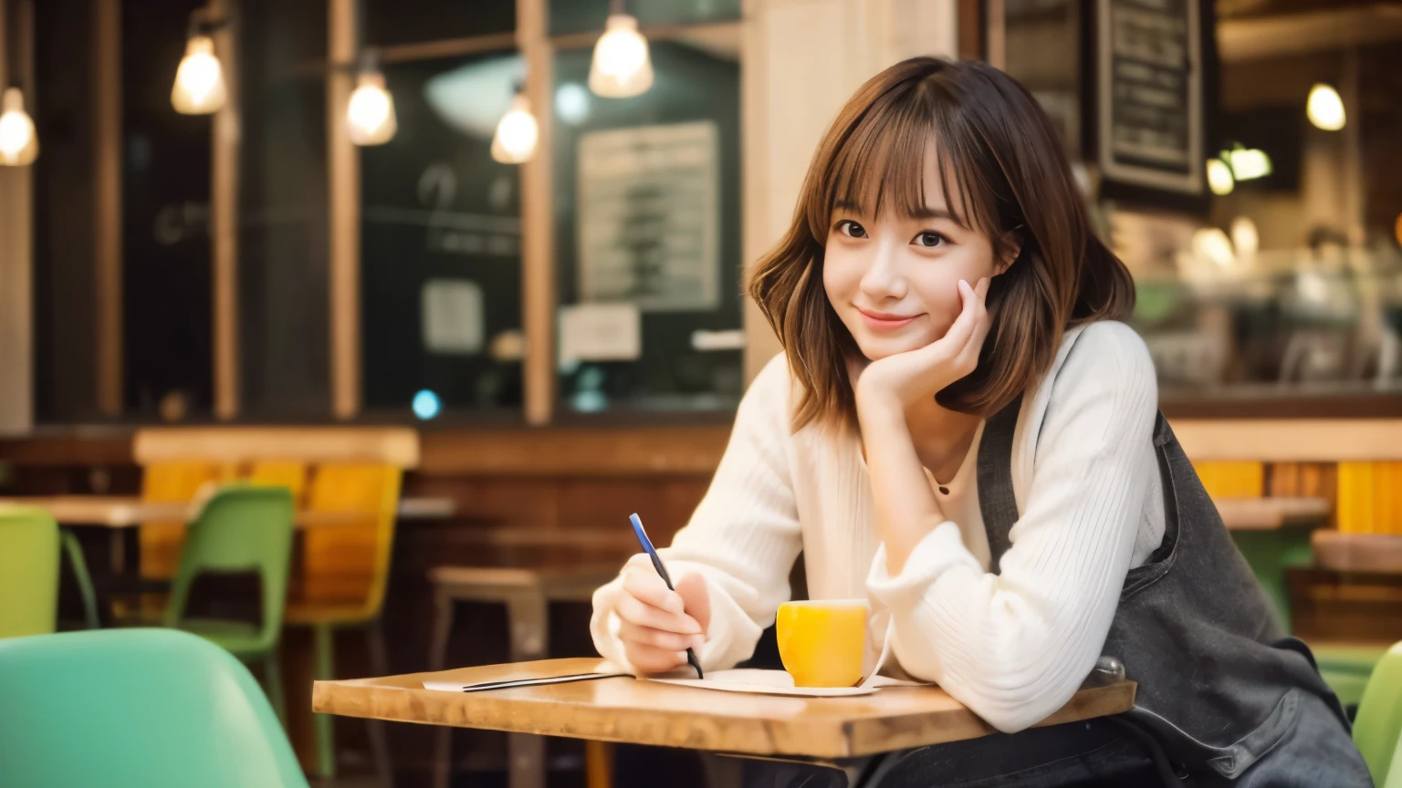 ((最high quality, 8k, masterpiece: 1.3)), perfect face,Inside a stylish cafe in New York、A scene in which a beautiful model-like woman with big breasts is drinking a latte and studying on a laptop.,everything around you, I see other customers enjoying themselves.。At the back of the cafe、Staff are busy working at the counter.、You can feel the vibrancy and warmth of a city cafe.., sharp focus, 1 girl, sexy 1.2, brown hair, With bangs, (layered short hair), (big: 1.5), fine eyes, Beautiful eyes with slit length, double eyelid, (cat face), (cute Face), cute Smile, (close your mouth), (cute), soft skin, show the whole body, surreal, Super detailed, high quality, (Beautiful female college student with short hair studying in a cafe), ((詳細な非常にcute女子大生), ((big胸 It can be seen even through clothes)),A look that looks at your boyfriend