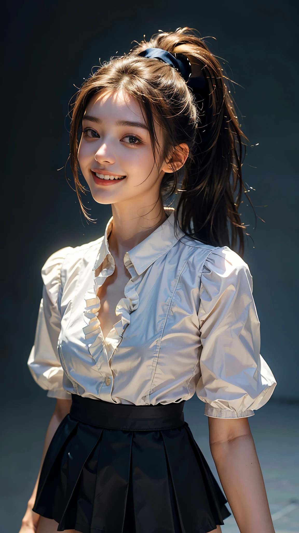 highest quality, masterpiece, ultra high resolution, (realistic:1.4), (portrait facing each other) RAW photo, 1 girl, 18-year-old,((Black frilly shirt and miniskirt uniform)),((ponytail and hair tie)),((look up at the audience)),realistic,((Simple solid color background)), picture media chest)),((toothy smile)),