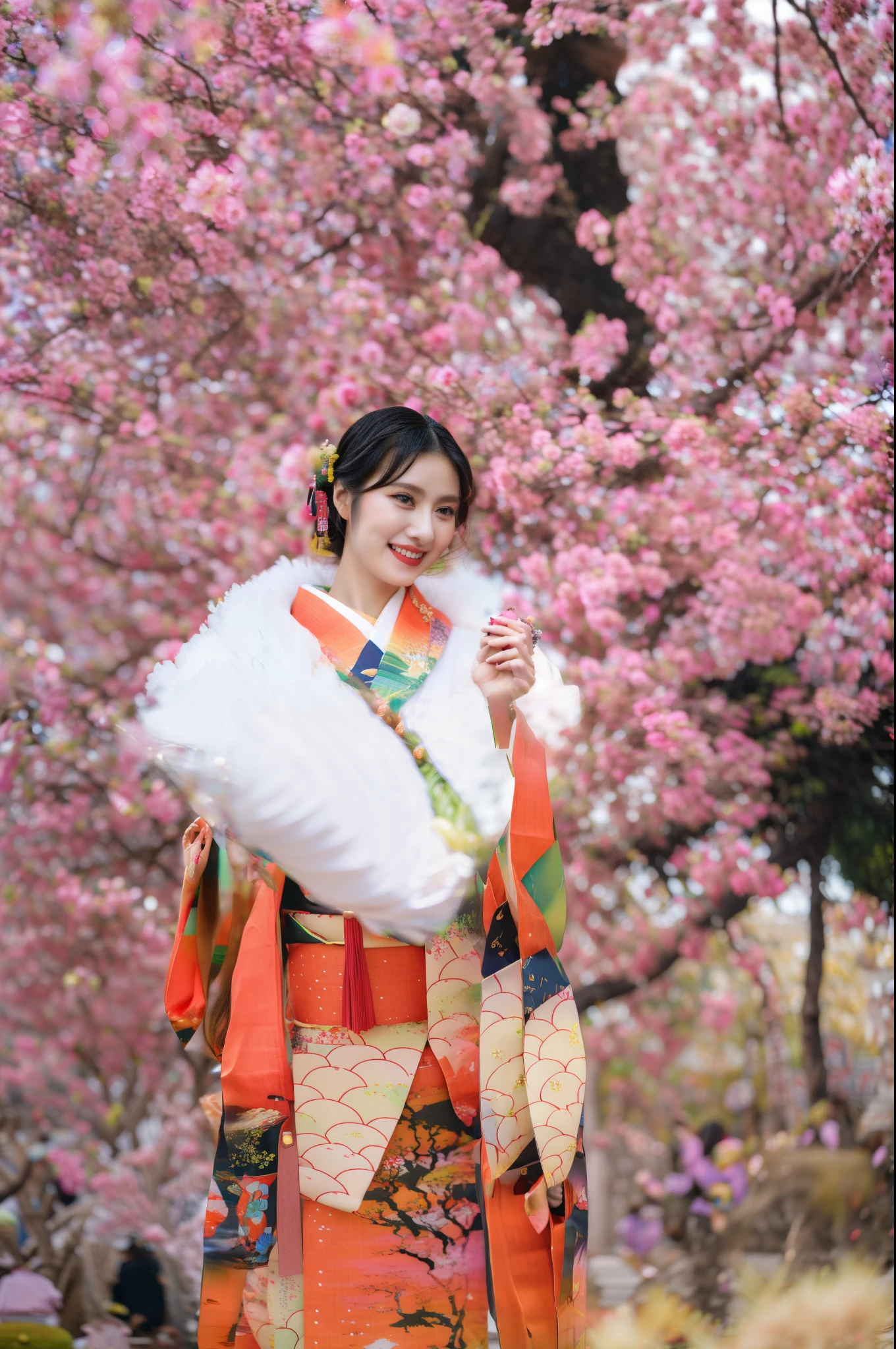 araffe dressed in a kimono standing under a tree with pink flowers, japanese woman, japanese kimono, sakura season, wearing kimono, elegant japanese woman, wearing a kimono, a beautiful kitsune woman, traditional japanese, japanese clothes, japaneese style, japanese model, wearing royal kimono, japanese, wearing a haori, in kimono, traditional geisha clothing