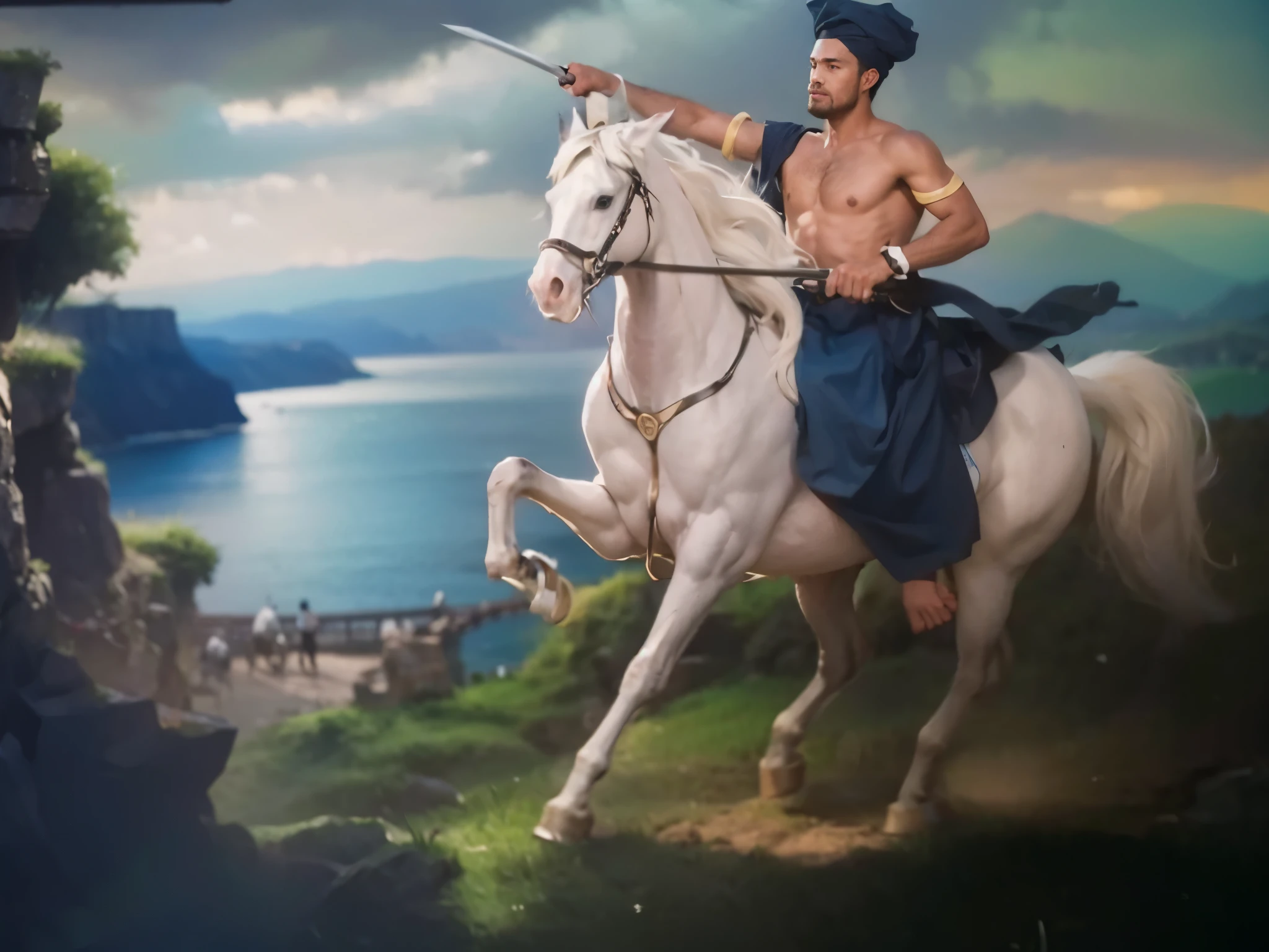 Someone is riding a white horse, wearing a cloth head covering, carrying a sword, with a background of a cliff with several people who appear blurred, ultra HD, masterpiece, best quality, ultra high resolution, realistic