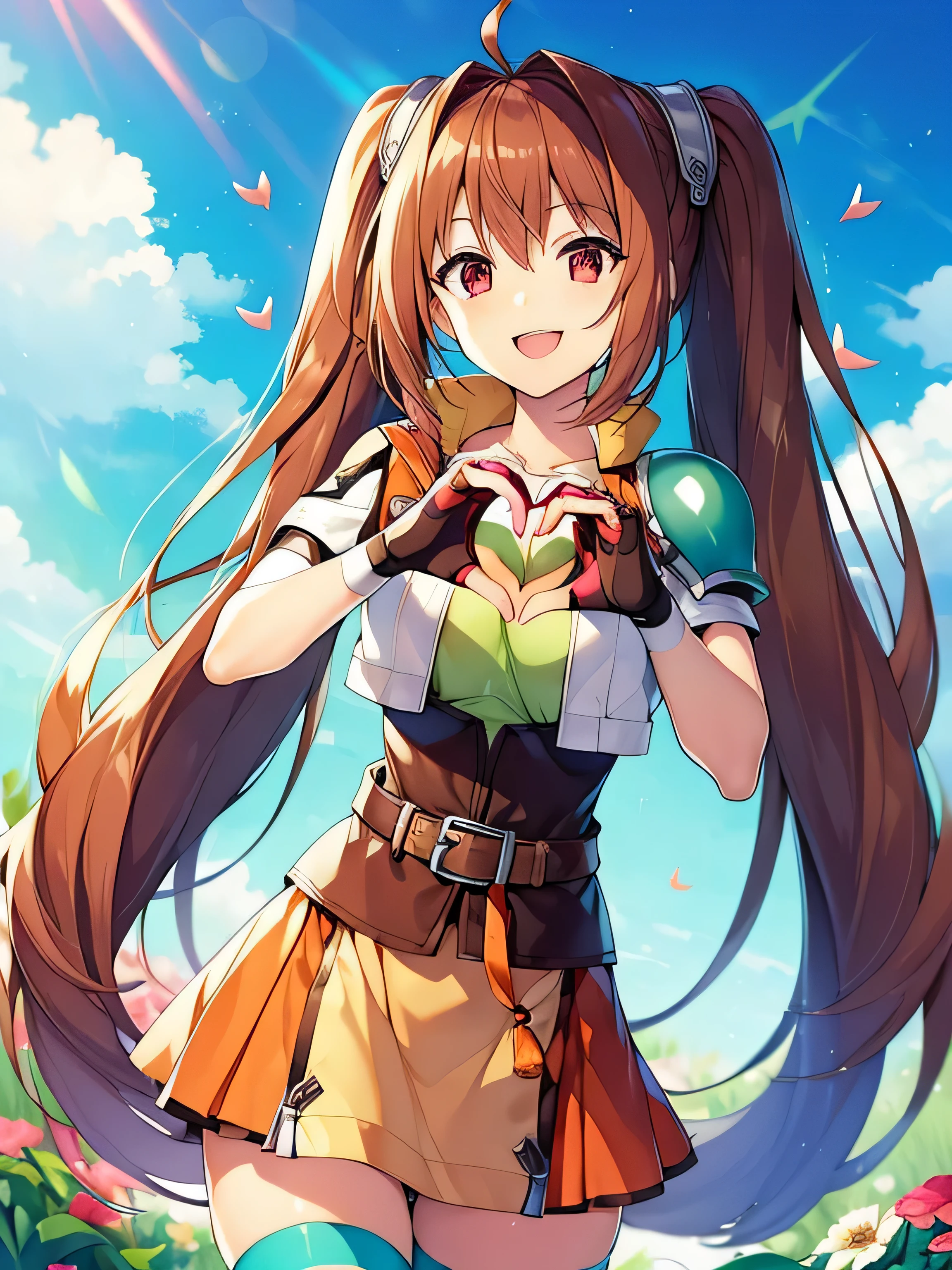 (table top, highest quality, High resolution, nffsw, perfect pixel, Depth of the bounds written, 4k), 
beautiful anime girl, 
perfect body,  , (smile, open your mouth:1.6)

sc ester, cropped jacket, green shoulder pad, tan shirt, orange skirt, belt, white stockings, brown gloves, (heart hand:1.6), flower garden, lots of flowers