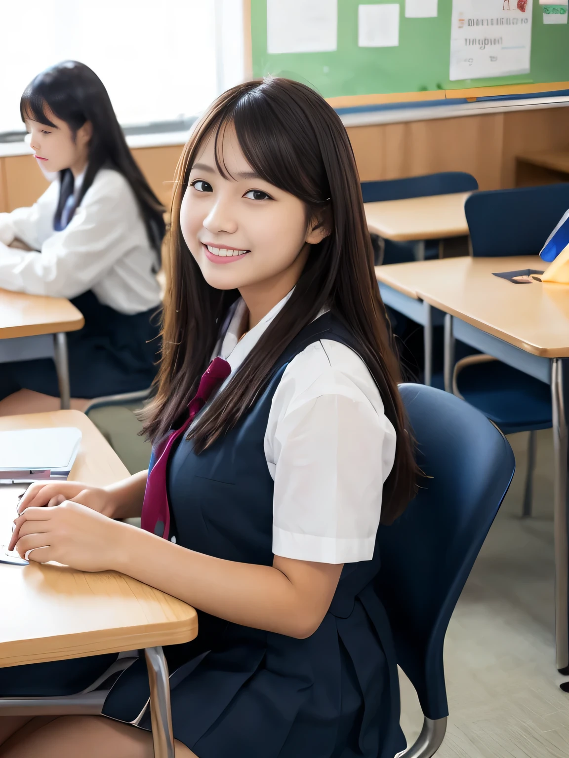 super highest quality, Japanese, genuine、open your mouth and smile, small face、Mr..々hairstyle, girl, ************, whole body, Many students in the background、high school,sailor suit、navy blue skirt, daytime, In the classroom, During class、she is sitting next to me、The desk faces the blackboard.、Taken from the seat next to me、downward、notebook and pencil case on the desk、 cute, beauty, big breasts、