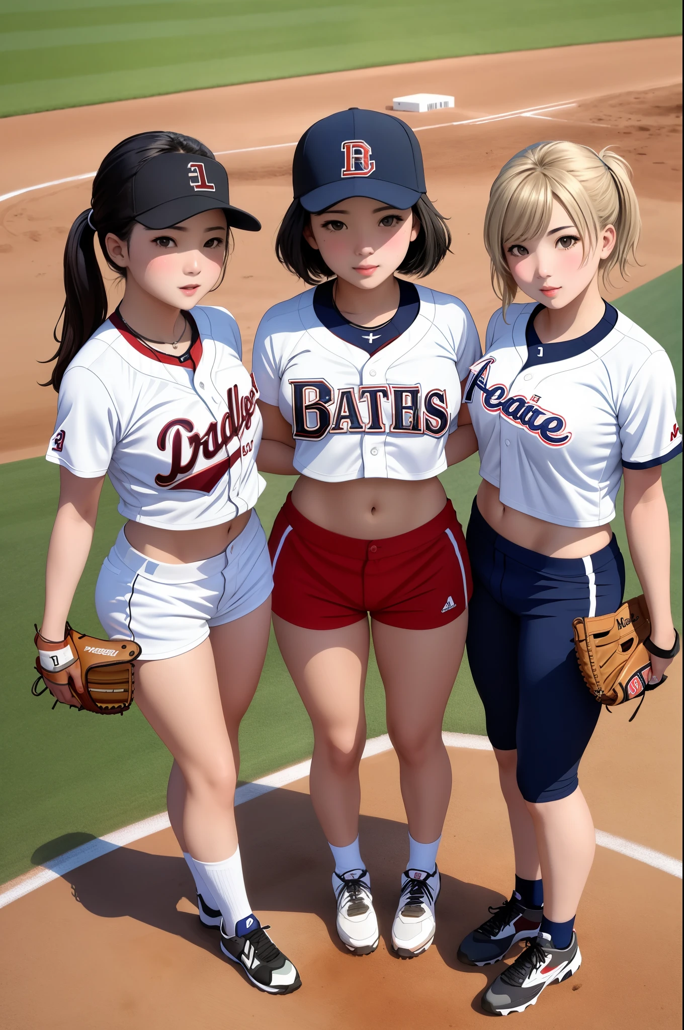 (masterpiece), best quality, expressive eyes, perfect face, 3 girls in baseball jerseys and pantless on the baseball field, nude below the waist, full body., 