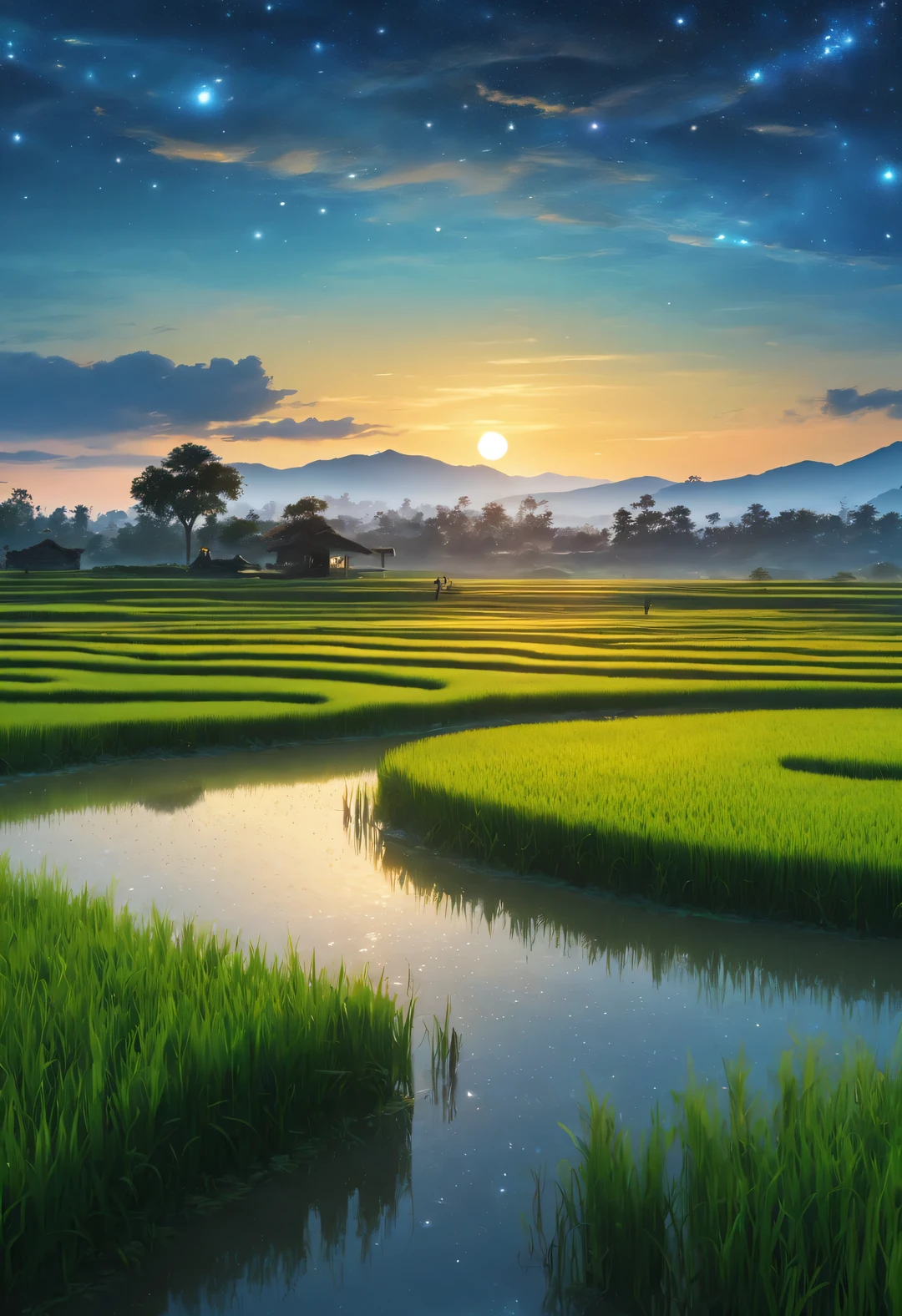 best quality, 4k, 8k, high level, masterpiece: 1.2, Super detailed, actual: 1.37,
(Endless rice fields), a *********** ，blue sky, dreamy atmosphere, bright color palette, Vibrant shades, Impressionist brushstrokes, Subtle lighting effects ， sunset on the horizon, Peaceful and tranquil atmosphere, Harmony between nature and sky, textured brushstrokes, Abundant and vibrant crops, dusk atmosphere, Tranquil pastoral scenery, Glowing stars light up the night, creating a Peaceful and tranquil atmosphere, Peaceful and picturesque setting, Inspired by the style and techniques of Van Gogh. Sublime and atmospheric depiction, ethereal beauty, and fascinating celestial phenomena,