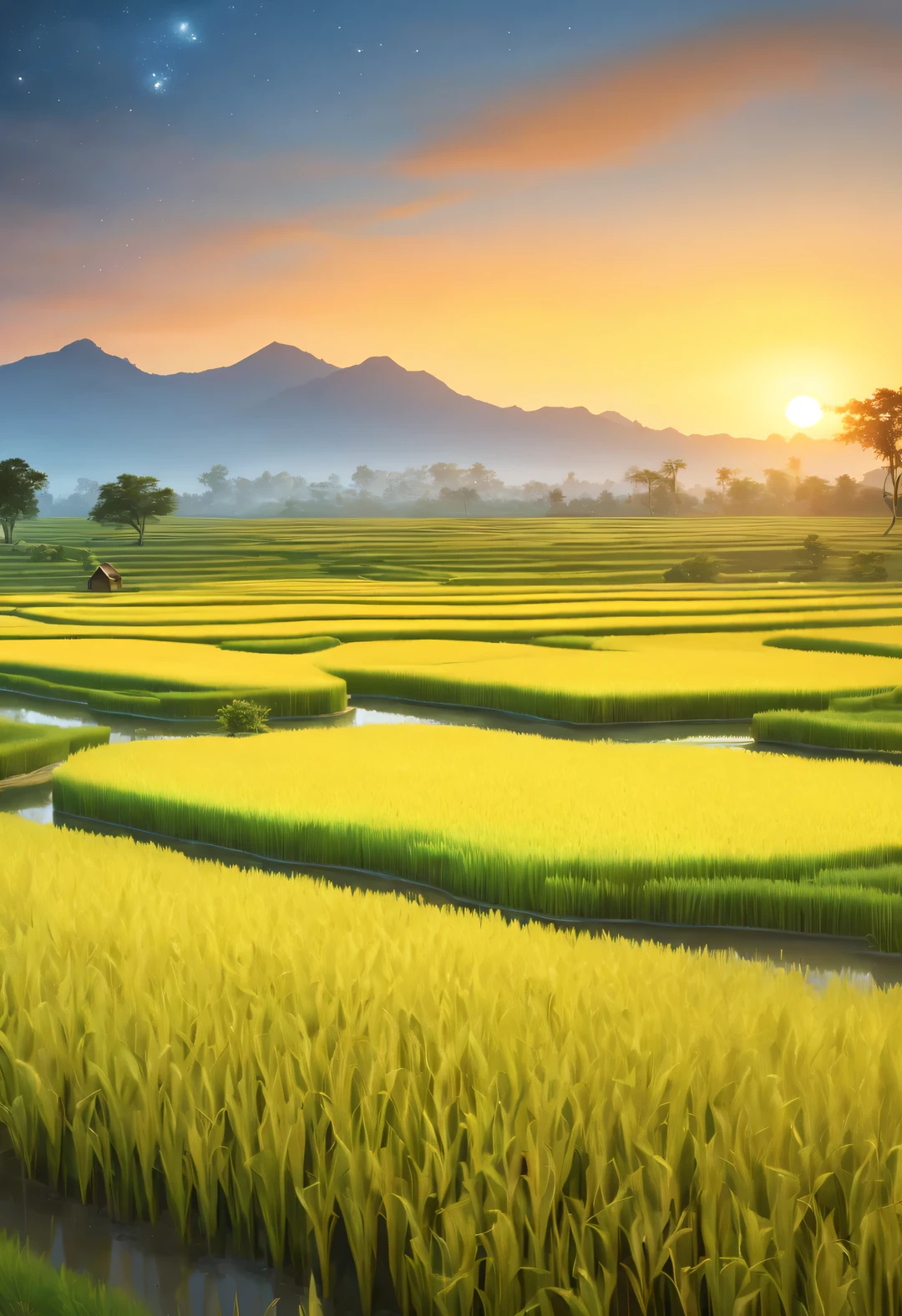 best quality, 4k, 8k, high level, masterpiece: 1.2, Super detailed, actual: 1.37,
(Endless rice fields), a *********** ，blue sky, dreamy atmosphere, bright color palette, Vibrant shades, Impressionist brushstrokes, Subtle lighting effects ， sunset on the horizon, Peaceful and tranquil atmosphere, Harmony between nature and sky, textured brushstrokes, Abundant and vibrant crops, dusk atmosphere, Tranquil pastoral scenery, Glowing stars light up the night, creating a Peaceful and tranquil atmosphere, Peaceful and picturesque setting, Inspired by the style and techniques of Van Gogh. Sublime and atmospheric depiction, ethereal beauty, and fascinating celestial phenomena,