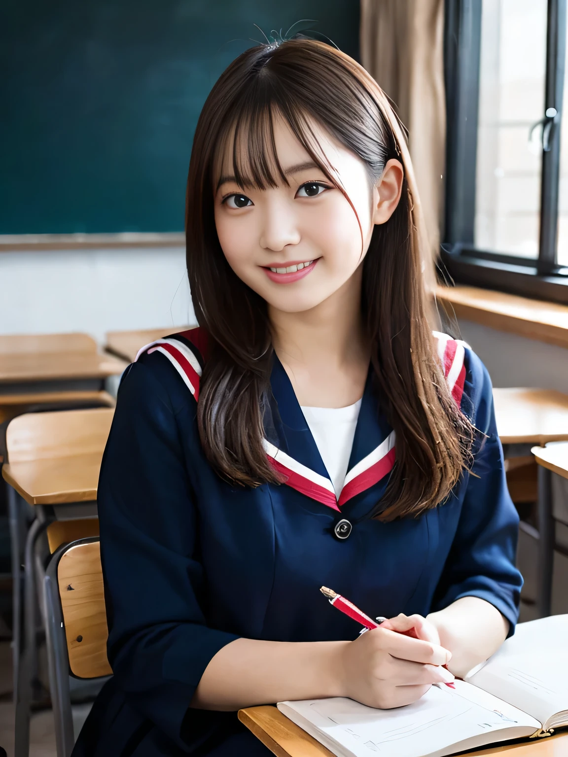 super highest quality, Japanese, genuine、open your mouth and smile, small face、Mr..々hairstyle, girl, 17 years old, whole body, Many students in the background、high school,sailor suit、navy blue skirt, daytime, In the classroom, During class、he was sitting next to me, his desk faces the blackboard.、I was taking pictures from the seat next to me., i looked down.、notebook and pencil case on the desk、 cute, beauty, big breasts、