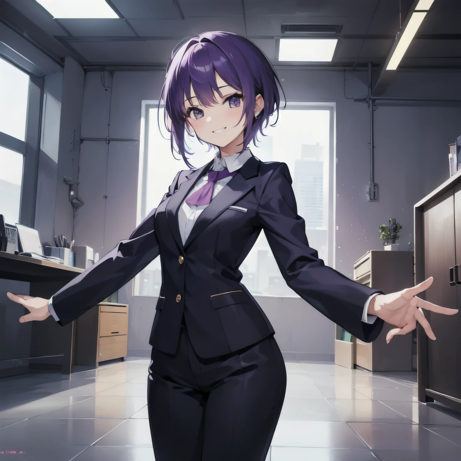 (T Masterpiece，4k wallpaper，best quality))、((girl１people))、(solo)、Shining and vivid，(purple hair)、(shortcut:1.3)、smile、Office Lady、suit