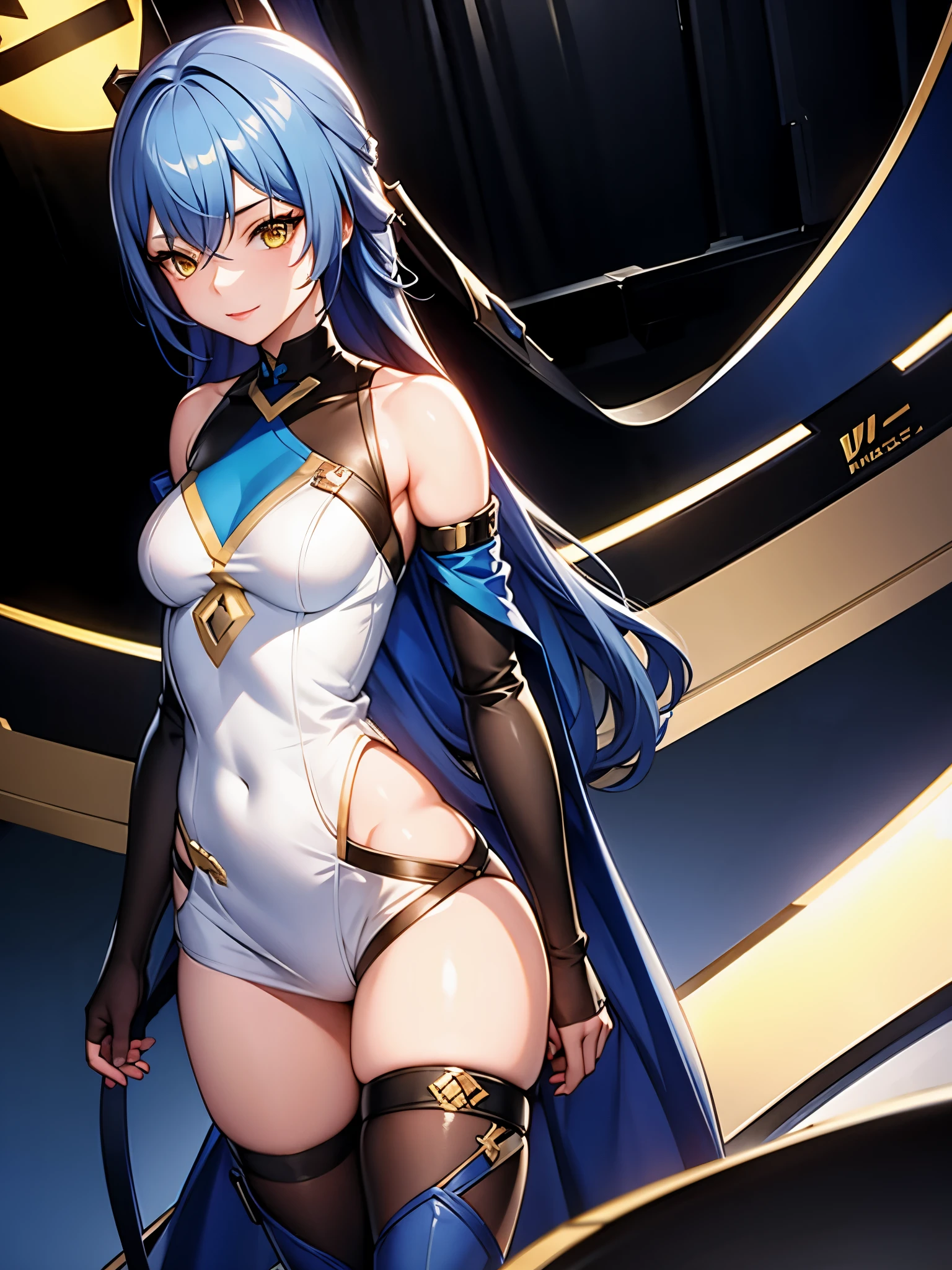 1girl, solo, siren_(AL), rigging, torn clothes, blue hair, yellow eyes, shackles, best quality, highest resolution, ultra detailed outfit