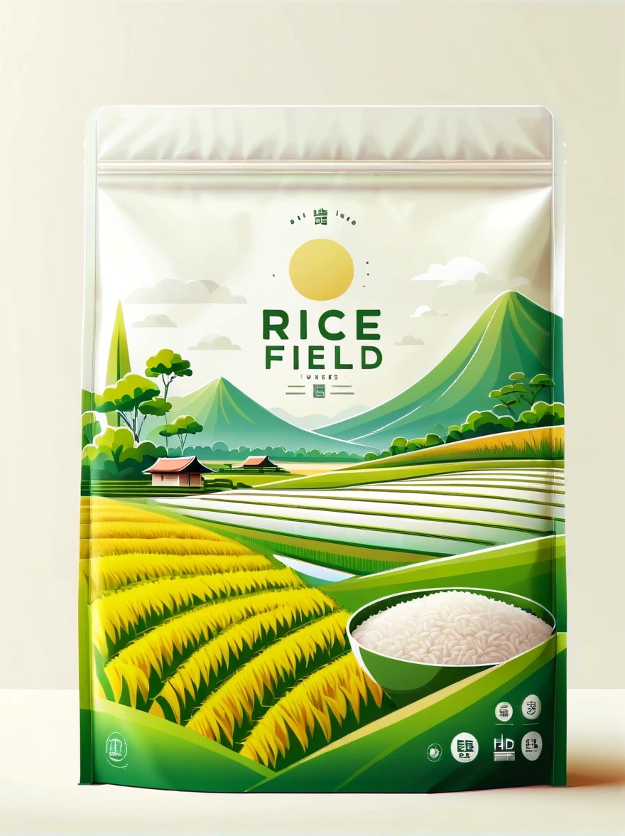 Modern packaging design, 1 rice field product packaging bag,Flat style rice field landscape illustration,full of nutrition,simple white background,HD resolution,simple style,actual,Natural light, Glossy plastic packaging bag