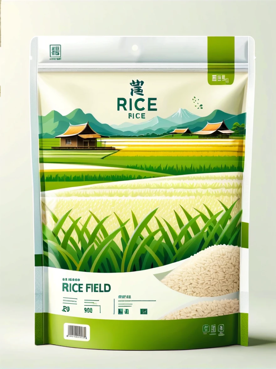 Modern packaging design, 1 rice field product packaging bag，Flat style rice field landscape illustration，full of nutrition，simple white background，HD resolution，simple style，actual，Natural light, Glossy plastic packaging bag