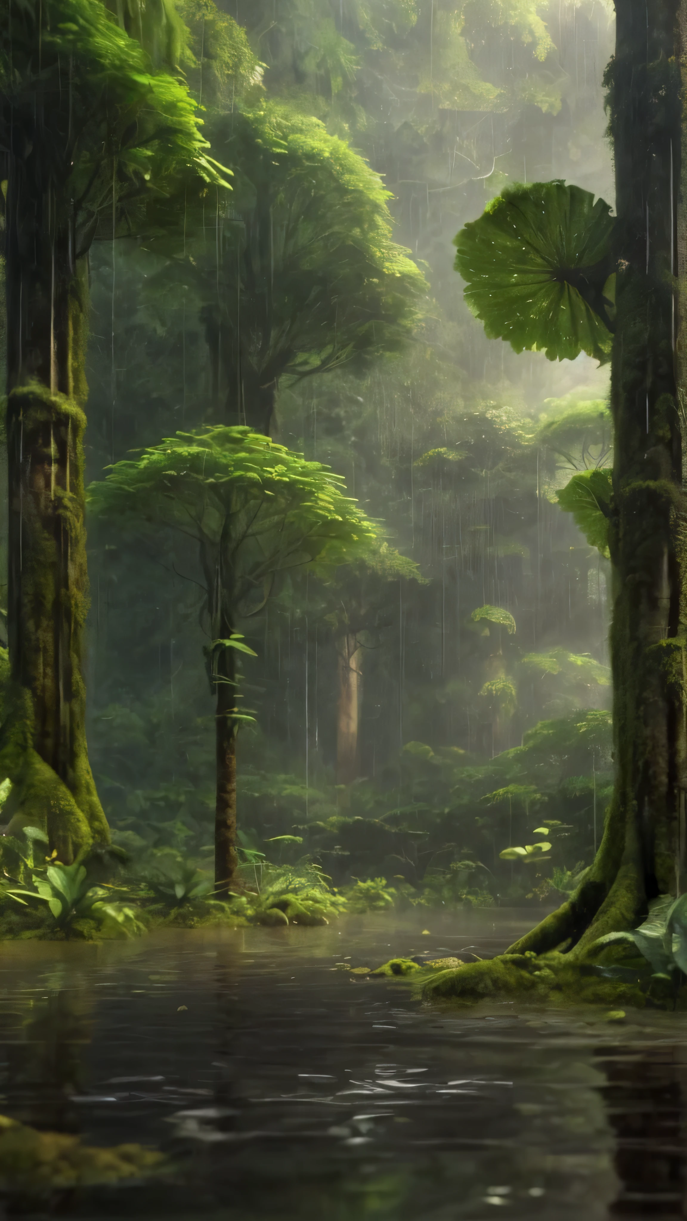 there is a picture of a forest with a stream and trees, lush rain forest, environmental concept art, wet lush jungle landscape, jungle landscape, fantasy jungle, lush rainforest, beautiful jungle, eerie jungle, jungle environment, lush forest landscape, rainforest, deep jungle from another world, lush forest, background jungle, forest environment, ancient forest, endor forest, dense jungle